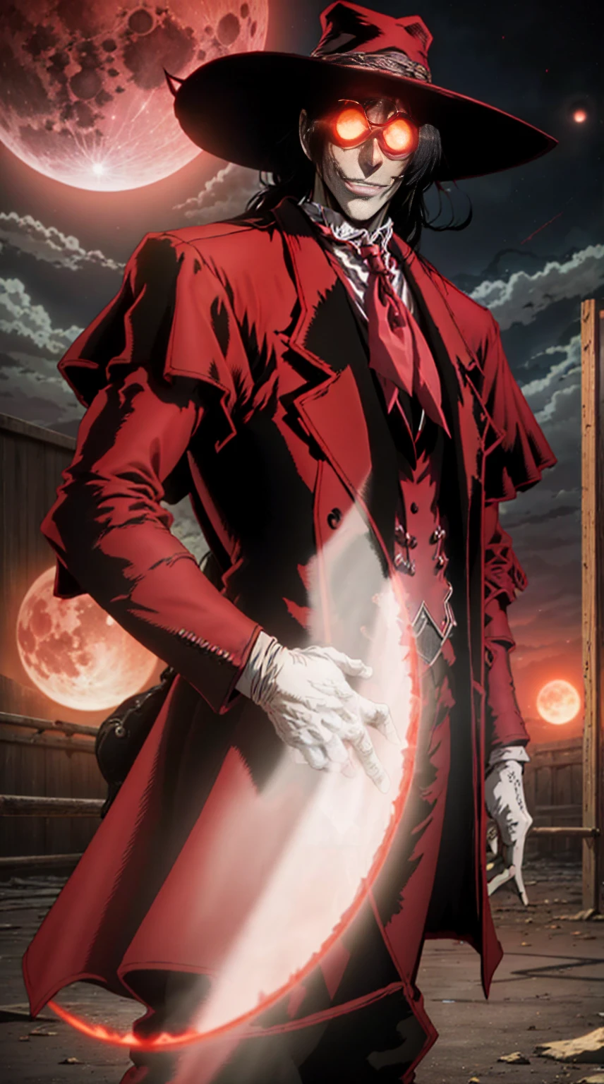 Hellsing, personagem Alucard, (man) Standing character,  sobretudo vermelho, red glass, paisagem de noite, red moon on the background, black hair, dinamic poses
