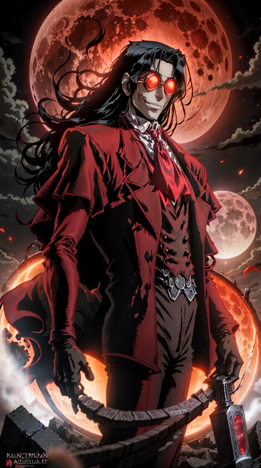 Hellsing, personagem Alucard, (man) Standing character,  sobretudo vermelho, red glass, paisagem de noite, red moon on the background, black hair, dinamic poses