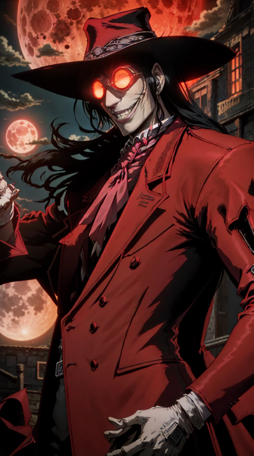 Hellsing, personagem Alucard, (man) Standing character, sobretudo vermelho, red glass, paisagem de noite, red moon on the background, black hair, dinamic poses