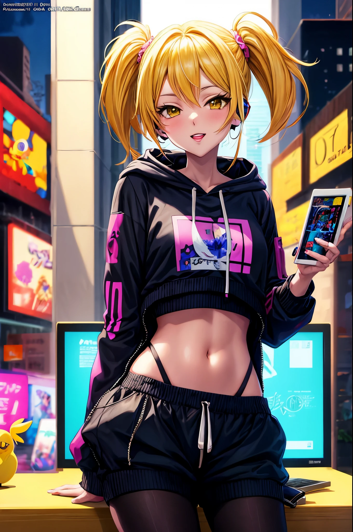 chica anime sentada frente a una computadora con auriculares puestos, digital arte del anime ciberpunk, cabello negro y naranjo con dos ponytails, arte del anime ciberpunk, anime ciberpunk moderno, anime ciberpunk, female chica anime ciberpunk, nocturno, estilo anime 4k, chica anime ciberpunk in hoodie, ciberpunk digital - arte anime, Chica seductora anime, arte animado digital, digital anime illustration