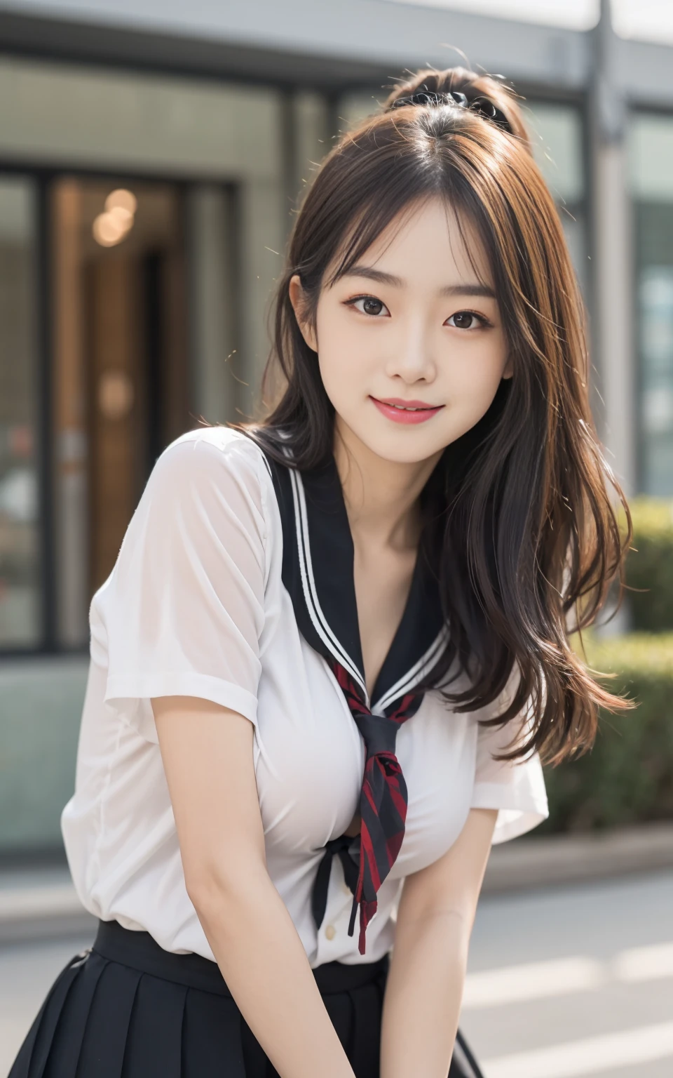 （8k、Raw photo、highest quality、masterpiece：1.2), ぬれたhair,looking at the viewer,Looking at the front,smile with visible teeth, fine,,student,white skin,knees,absurd,small face,前hairを真ん中から分けます、I can see the forehead,(please be shy,tight eyes,glare,strong,skinny,skinny,get annoyed)、masterpiece,highest quality、超A high resolution,one person, solo,bust shot、cute、Return to student,school uniform,high school girl,japanese woman,standing,（Photoreal：1.37）、photon mapping,realistic、cutesmall face,brown eyes、prospect、Depth of the bounds written、blurred background、picture,girls、(前hairが見える), hair,  thin clothing,, thigh,(Nogizaka Idol), actress、big and full breasts、Super fine、low person、(Skin with visible pores:1.2), Raise one arm
