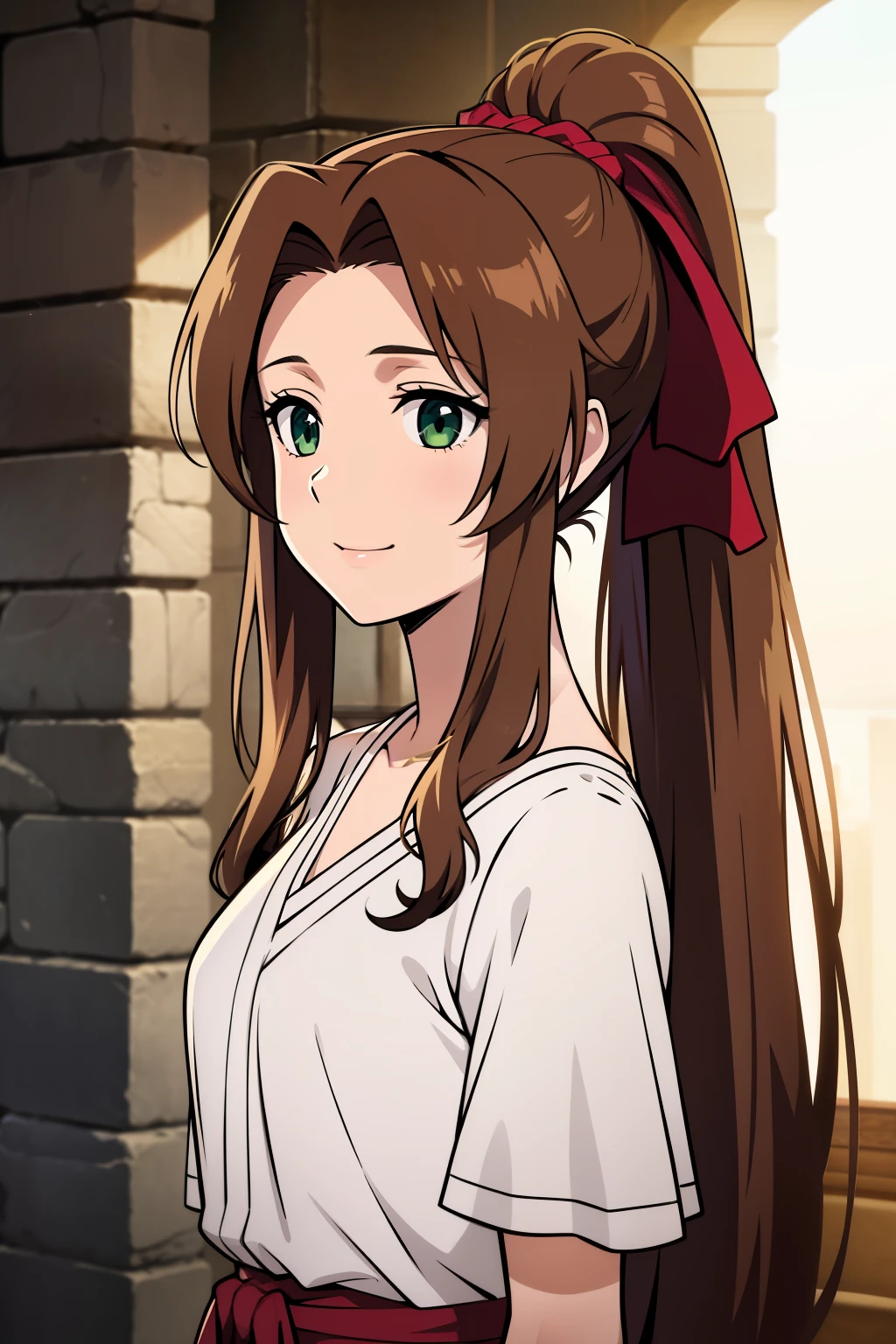 (high-quality, breathtaking),(expressive eyes, perfect face) 1girl, female, solo, young adult, brown hair, green eyes color, stylised hair, gentle smile, long length hair, loose hair, side bangs, curley hair, tied up, ribbon in hair, ponytail, ancient greek clothes, elegant , Aerith Gainsborough, long white dress, red sash