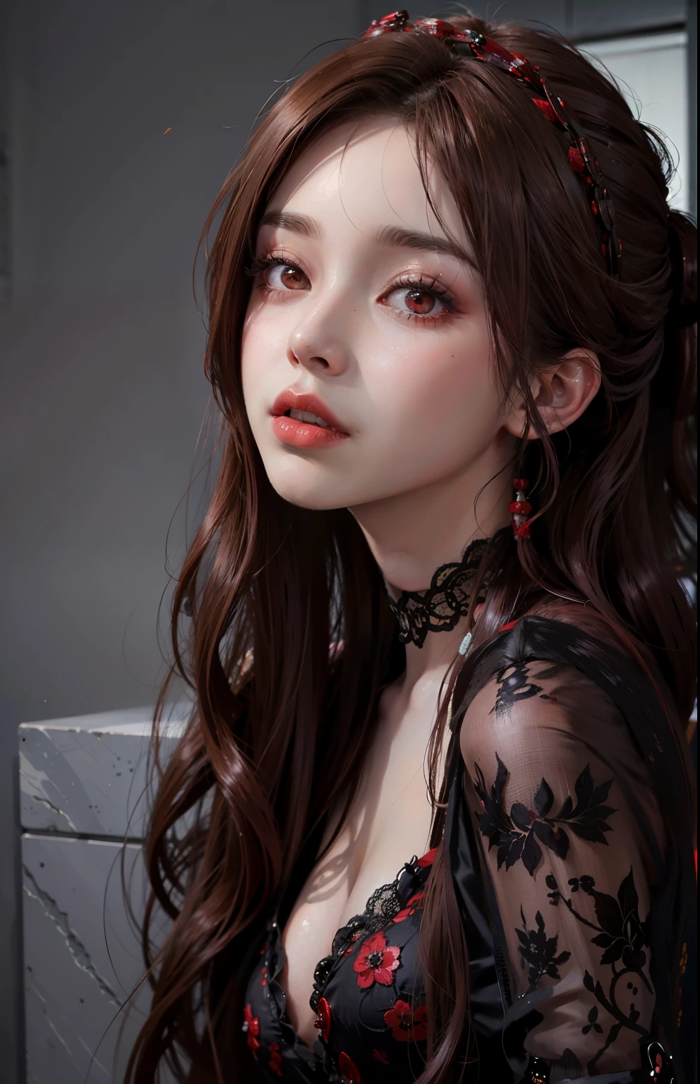 Reddish-brown hair,Long curly hair,ponytail,high ponytail hairstyle,red headdress,red eyes,red eyes,red pupils,Sparkling eyes,black lace top