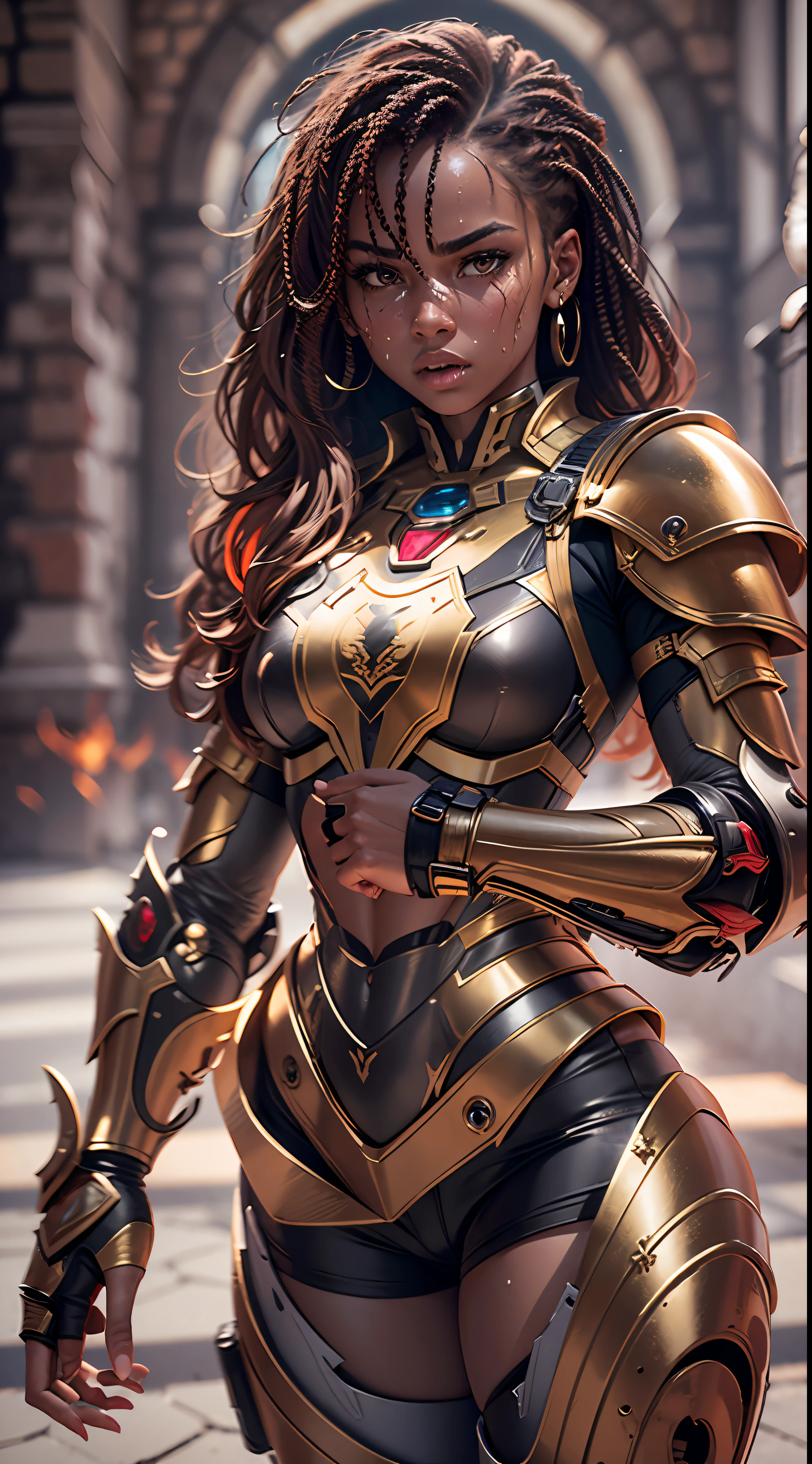 Ultra realistic, high resolution, ultra 8K, mulher negra, 25 anos de idade, pele suada, athletic body with golden robotic armor and red color, White shorts, King's steel clothes, ultra resolution, castelo da masmorra, brigando pose, brigando. athletic body