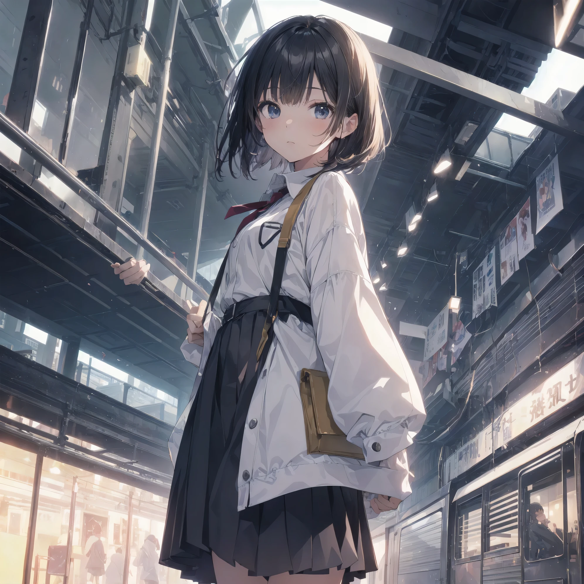 Super absurd quality by the god of art, super detailed, High resolution, ((artist:dark black,)) artist:Rinzo, artist:shinkai makoto, anime moe art style, Best Anime 8K Kona-chan Wallpaper, pixiv contest winner, perfect anatomy, break,(眠そうにalone学校へ行く女の子を描いてください. )break,1 girl, (alone,little woman, baby face, 13 years old:1.3),All limbs, full finger,, The charm of an immature body, (very_short hair), bangs, small ass, between legs, small black eyes, detailed and beautiful eyes, Well-proportioned iris and pupils, expressive eyes, sleepy eyes, High resolutionの詳細な髪, neck ribbon, skirt, collared shirt, pleated skirt, school uniform, school bag,(detailed lighting), (detailed background), On the way to school. break,super dense skin, Best cinematic lighting powered by famous artist, 8k,collaboration illustration,photoshop_(Moderate),Absurd Hi-Res,Hmm,rough skin