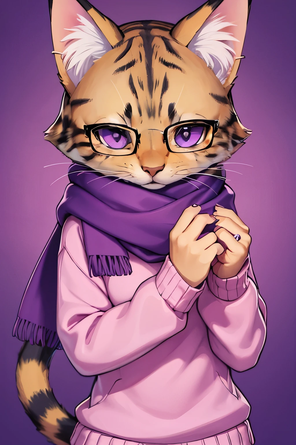 species animal Female middle-aged African cat wearing glasses and dressed in a pink sweater and purple scarf.