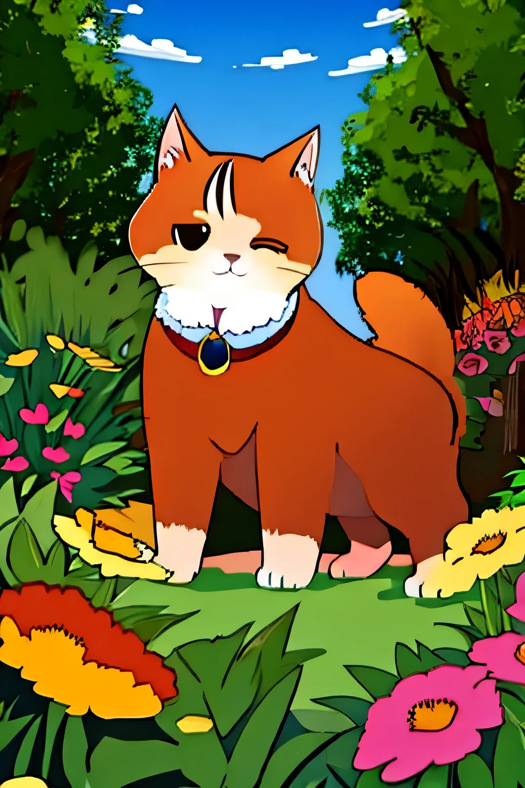 (best quality,ultra-detailed,realistic:1.37),vibrant colors,studio lighting,ginger cat playing in the garden,happy,cat face,detailed eyes,long whiskers,bushy tail,green grass, blooming flowers,playful demeanor,curious expression,fluffy fur,joyful ambiance,inquisitive eyes,relaxed pose,sunlit garden,feline charm,natural surroundings,delicate paws,playful shadows,masterpiece:1.2