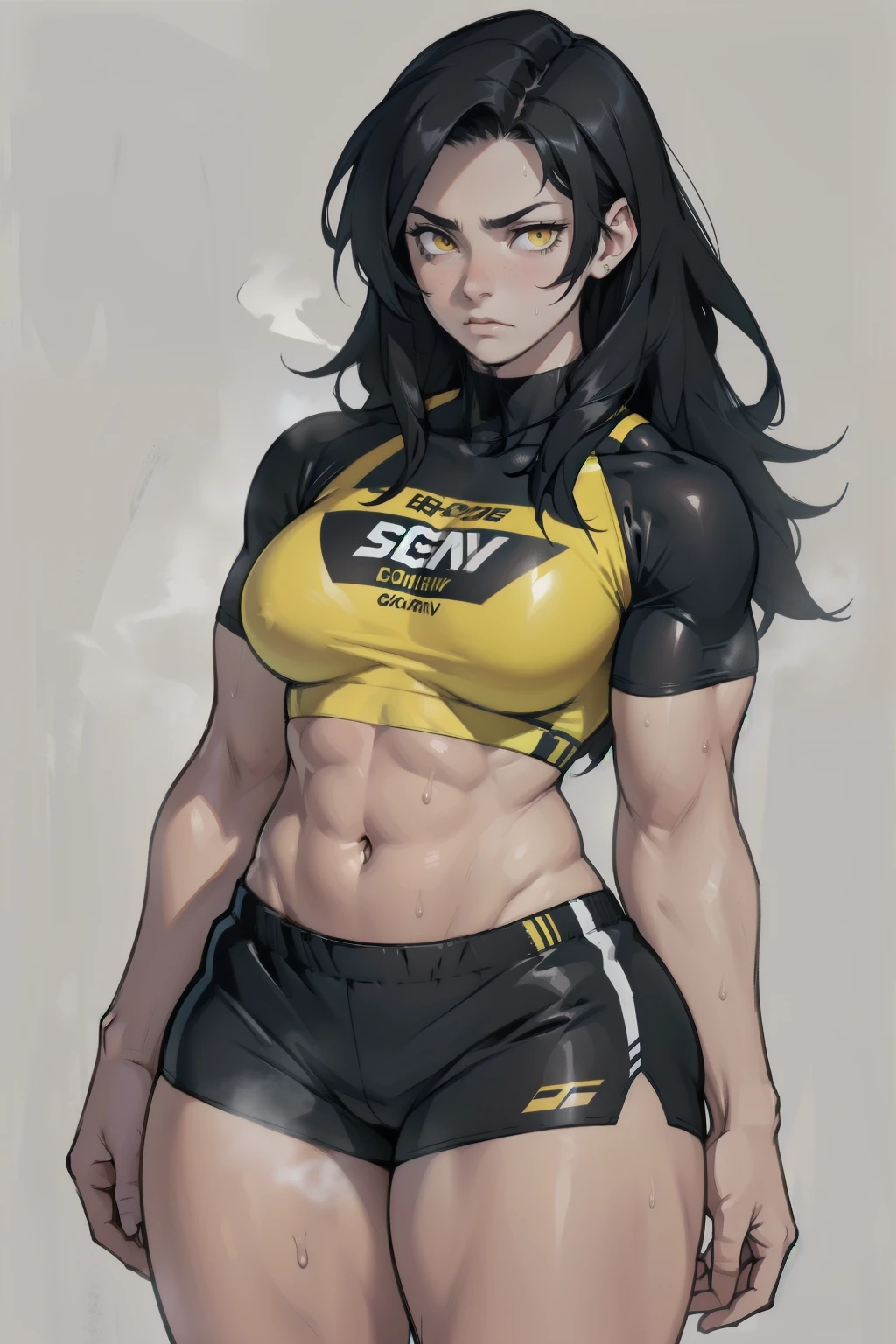 black hair, yellow eyes, solo, sweaty, shiny skin, pale skin, (((muscular, 1girl))), curvy, thin waist, very long hair, short shorts, navel, sports bra, sad expressionless