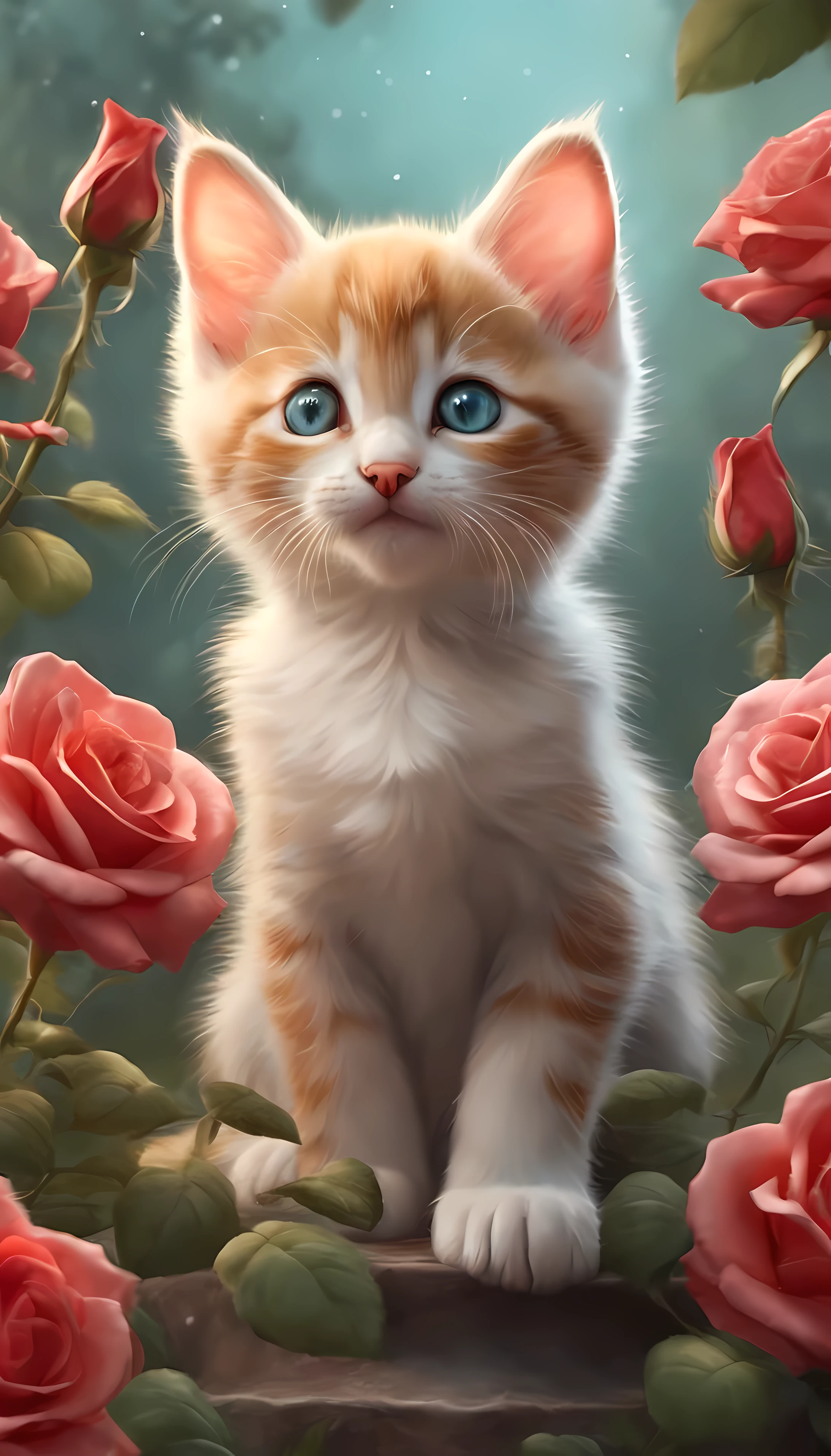 In this ultra-detailed CG art, Cute kitten surrounded by ethereal roses, Ha hater, best quality, high resolution, intricate details, fantasy, Cute animals, open mouth, Ha ha!!