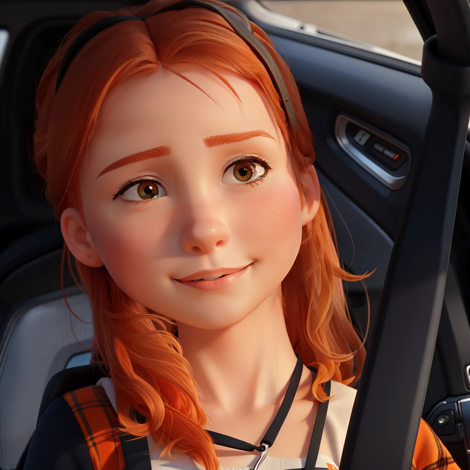 Girl with orange hair in the car