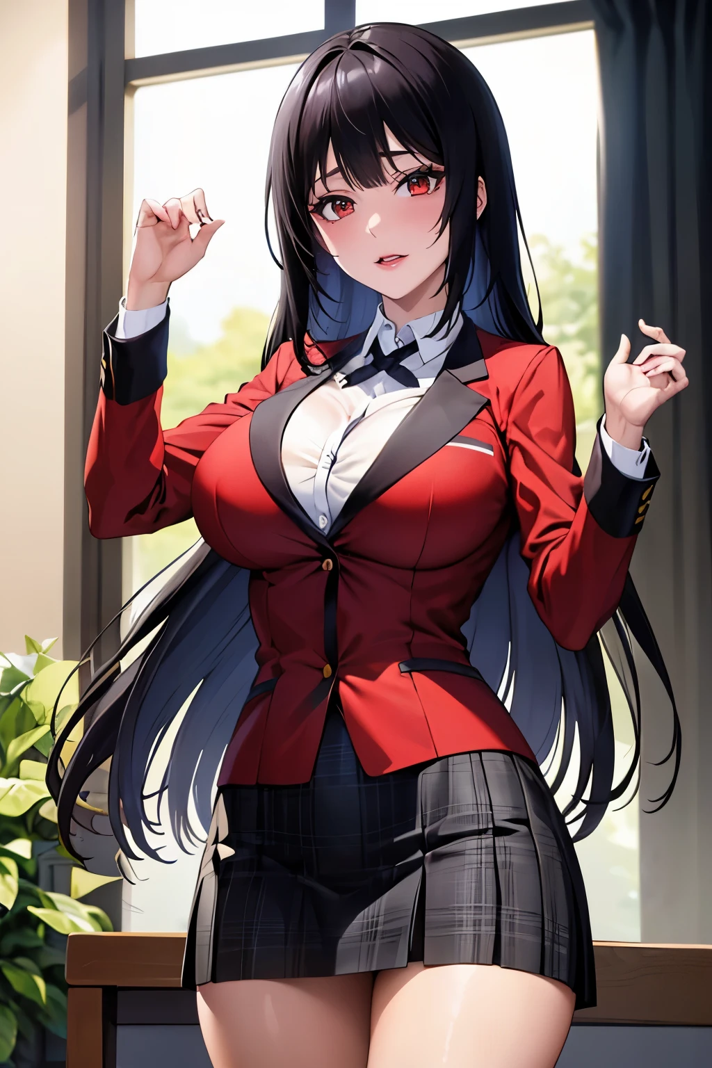 High resolution、masterpiece、1 girl, Jabami Yumeko,hmjy1 long black hair,red eyes,blush,sexy body,((uniform, red jacket)), Red blazer with black trim on cuffs and collar lining, White button-up dress shirt and black tie, Black and gray plaid miniskirt, black tights, そして茶colorのローファー. , cowboy shot,beautiful体,perfect eyes, perfect face,表情豊かな目のmasterpiece:1.0),(Highest_quality:1.0), かわいい笑face, , beautiful and bright lighting, ,Slender beauty:1.4, slim abs, 引き締まったwaist, (笑face:1.2), slender and long beautiful legs,,超High resolution,4k,super detailed, photograph, 8k, HDR, High resolution,  film grain, Lens flare, (lively_color:1.2), (beautiful_face:1.5),(narrow_waist), exquisite visuals, Highest quality,18-year-old、expensive