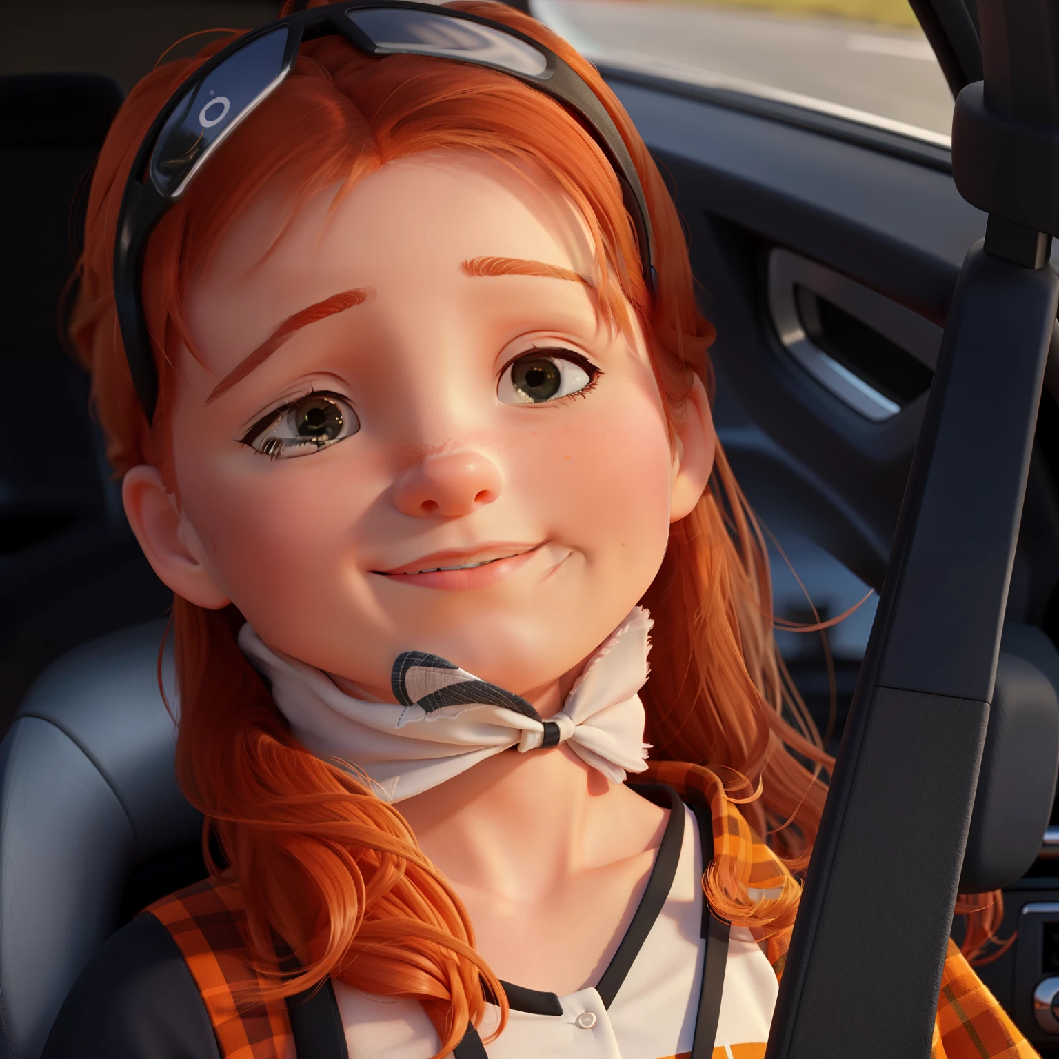 Girl with orange hair in the car