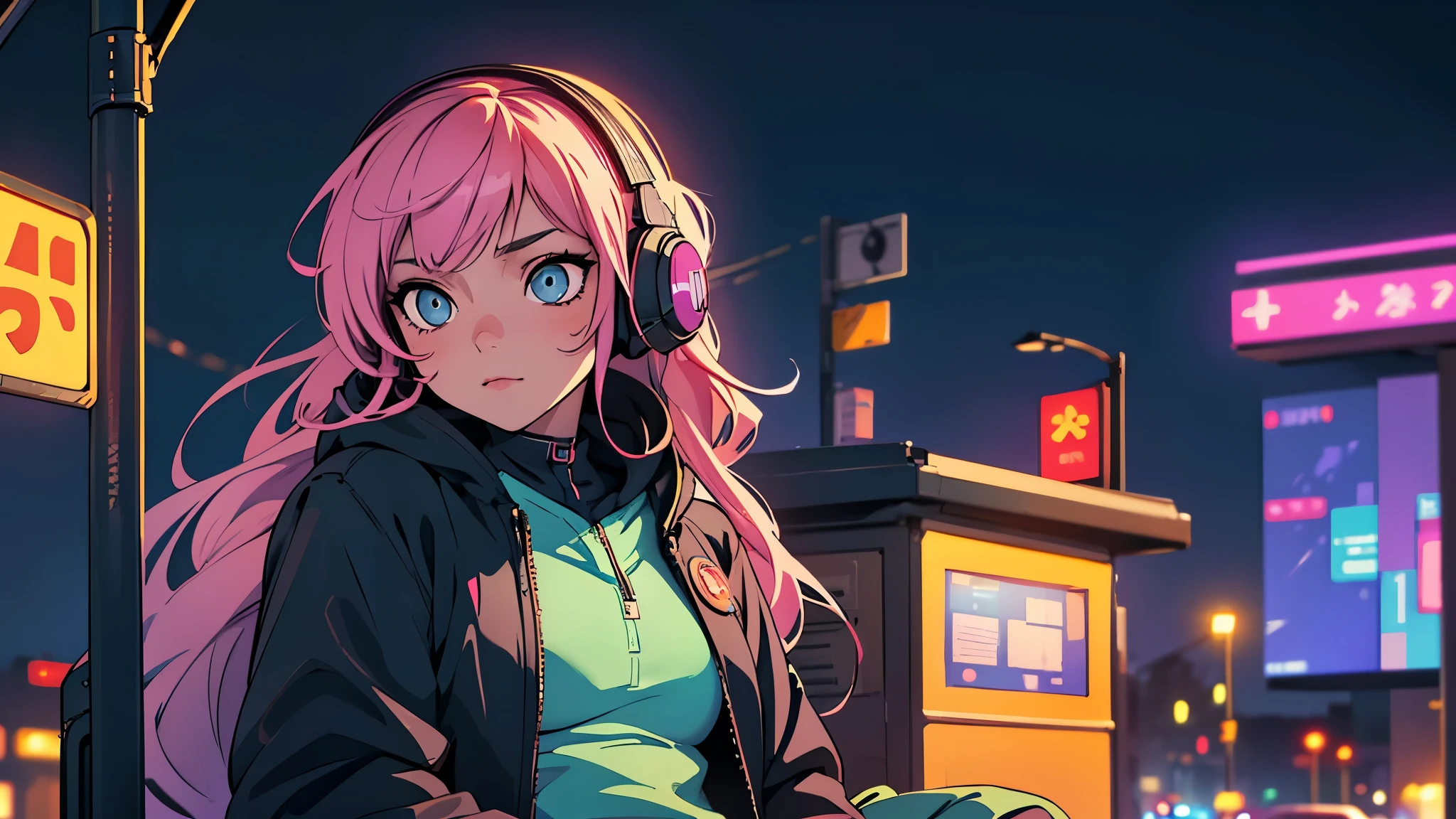 (best quality, detailed, perfect face, beautiful girl listening to music, sitting at a bus stop, cyberpunk appearance, unique hair color, soft lighting, vibrant colors, sparkling ornaments, night, peaceful atmosphere, cozy background, expressive eyes, flowing hair, wearing headphones, bright eyes, likable character, alone)
