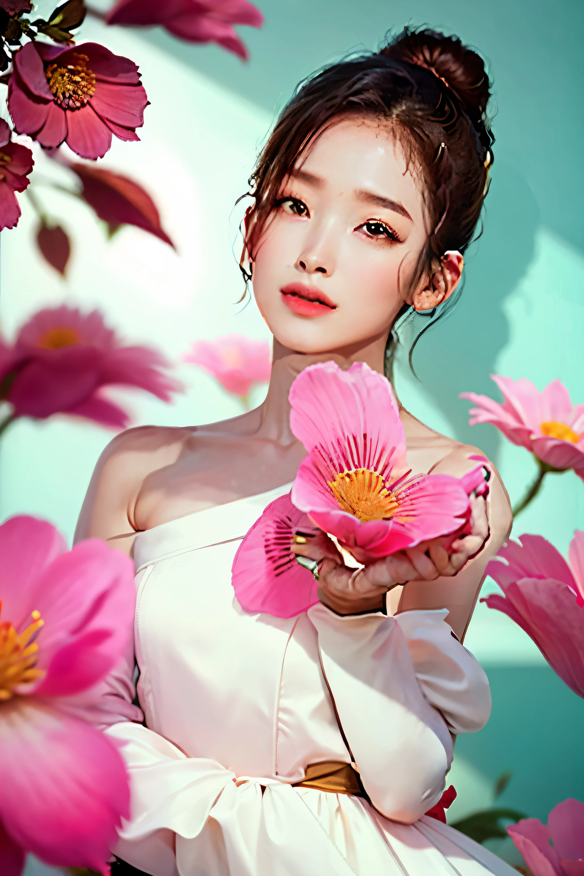 a close up of a woman in a white dress posing for a picture, dilraba dilmurat, ruan jia beautiful!, xintong chen, yun ling, heise-lian yan fang, chengyou liu, wenfei ye, inspired by Huang Ji, park ji-min, song nan li, by Ni Tian, qifeng lin, lee ji - eun, pink flowers in the background