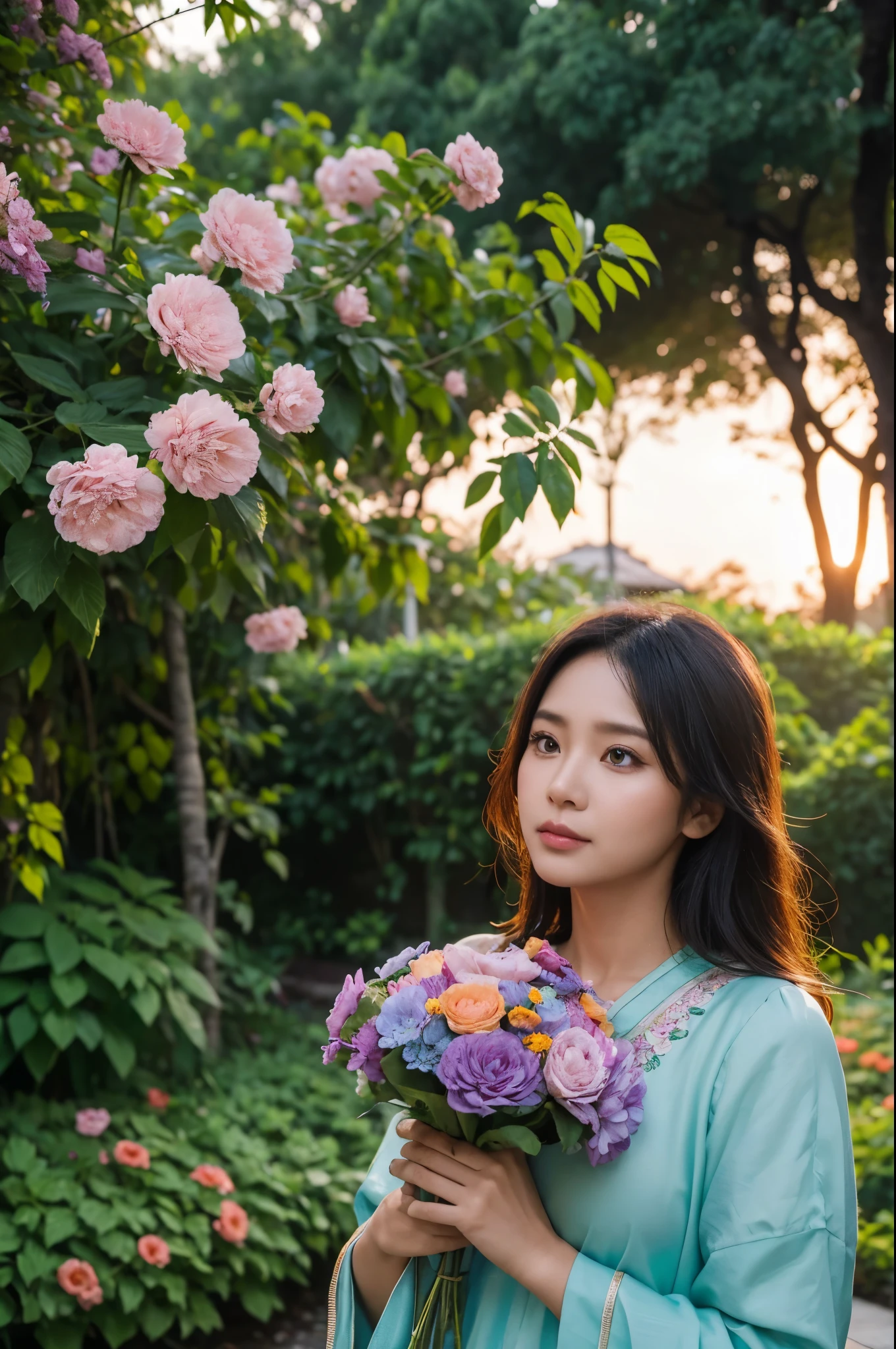 A Indonesia woman 30 years old in an enchanted garden at sunset surrounded by colorful flowers and bring the birds, with a focus on her expressive face revealing intricate details of her emotions. High Quality Image, 256K Ultra HD, Photography, Photorealistic