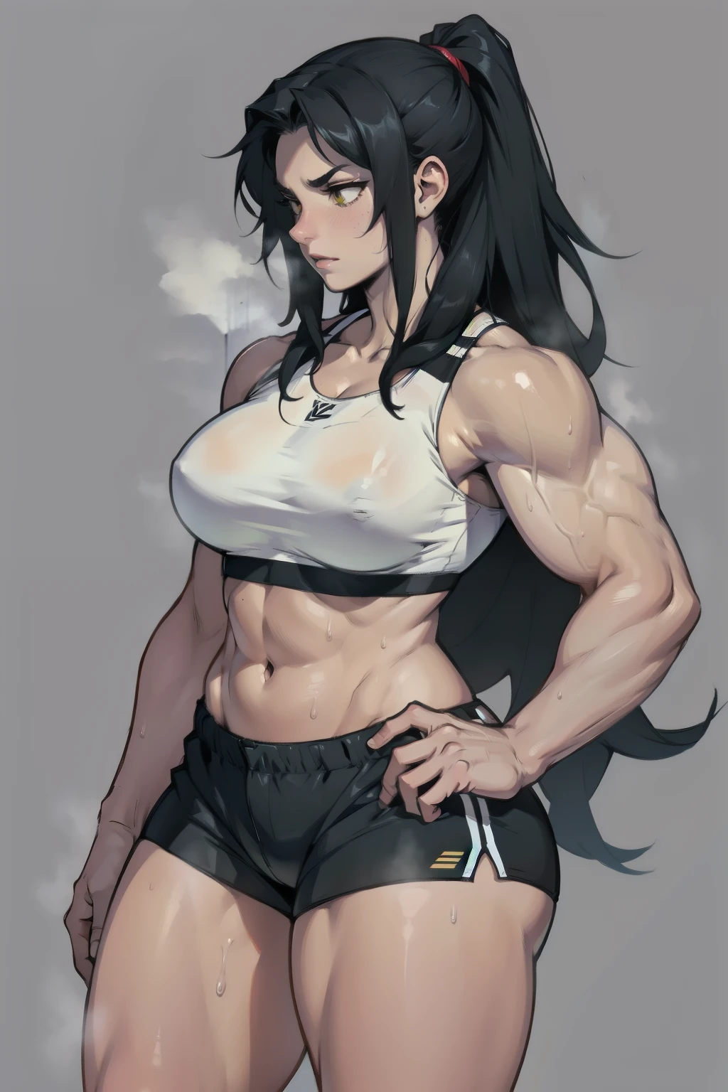black hair, yellow eyes, solo, sweaty, shiny skin, pale skin, (((muscular, 1girl))), curvy, thin waist, very long hair, short shorts, navel, sports bra, sad expressionless