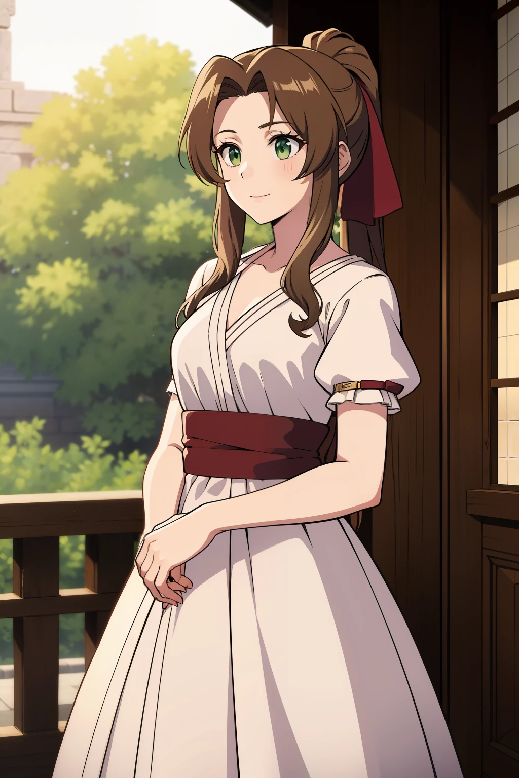 (high-quality, breathtaking),(expressive eyes, perfect face) 1girl, female, solo, young adult, brown hair, green eyes color, stylised hair, gentle smile, long length hair, loose hair, side bangs, curley hair, tied up, ribbon in hair, ponytail, ancient greek clothes, elegant , Aerith Gainsborough, long white dress, red sash
