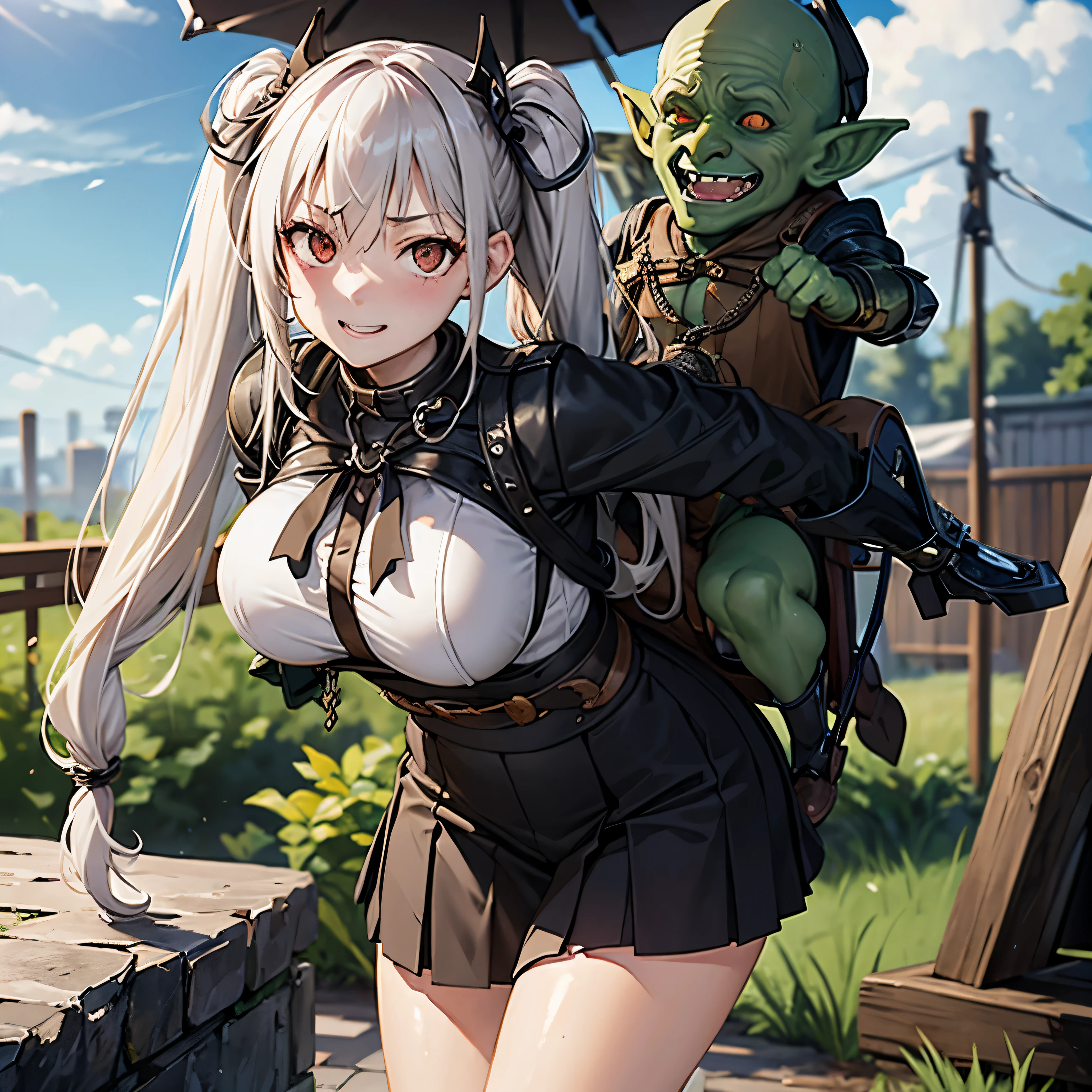 Masterpiece, ghostriding, a ghost is riding a girl, ghost, (all four), 1 girl, (armor:1.1), (Nose hook), rein, shirt collar, chain, rope, hair accessories, long hair, black hair, twin tail, hair ribbon, black eyes, Pale skin, Ouroboros, Girls' frontline, small breast, dazed, happy, ดวงempty eyes, empty eyes, obey, mind control, Proud face, smile