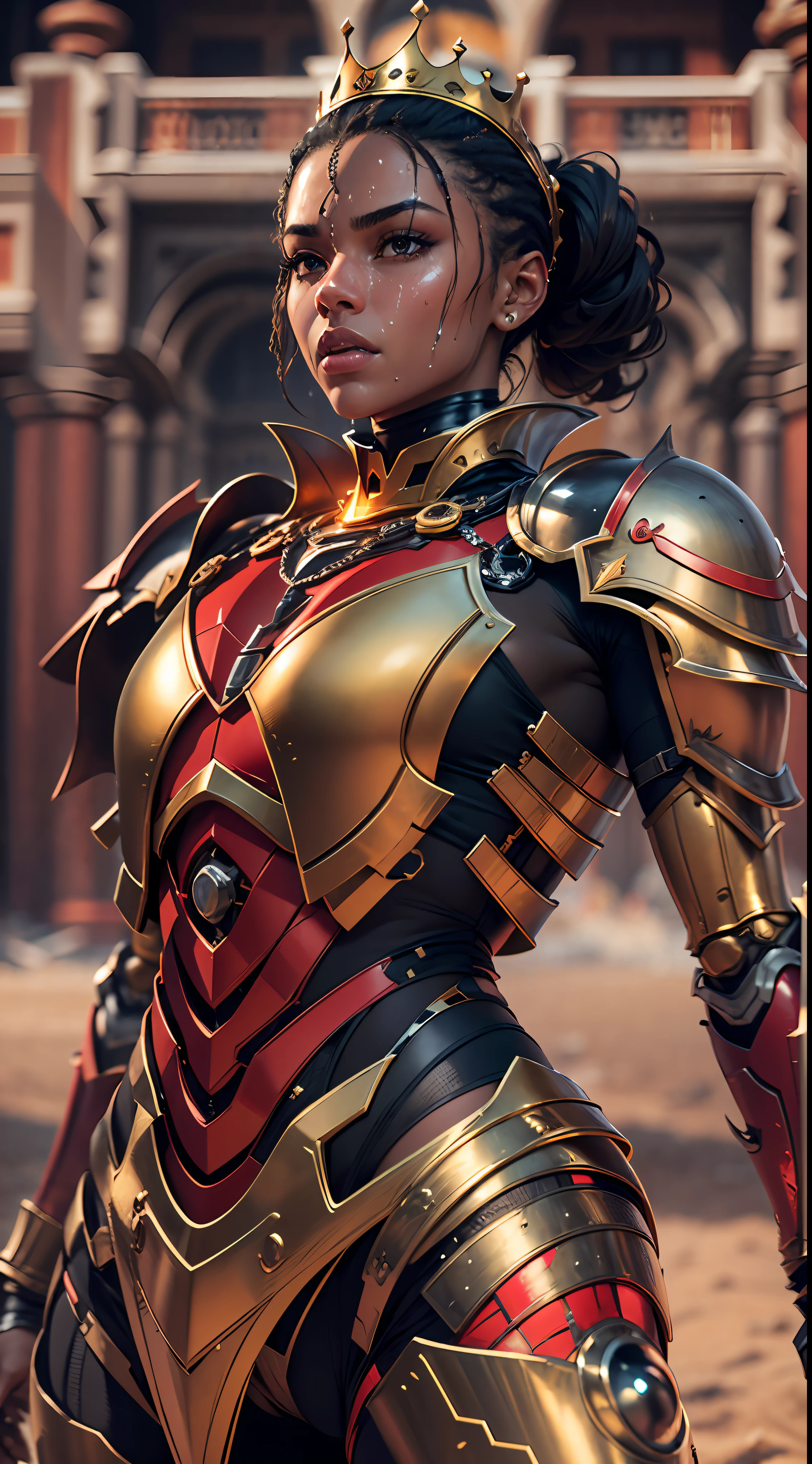 Ultra realistic , high resolution , ultra 8K , mulher negra , 30 anos de idade , pele suada , athletic body with golden robotic armor and red color , Steel King Clothing , A Knight Cybernetic King , ultra resolution , Trono do castelo do deserto , pose de luta , brigando . athletic body