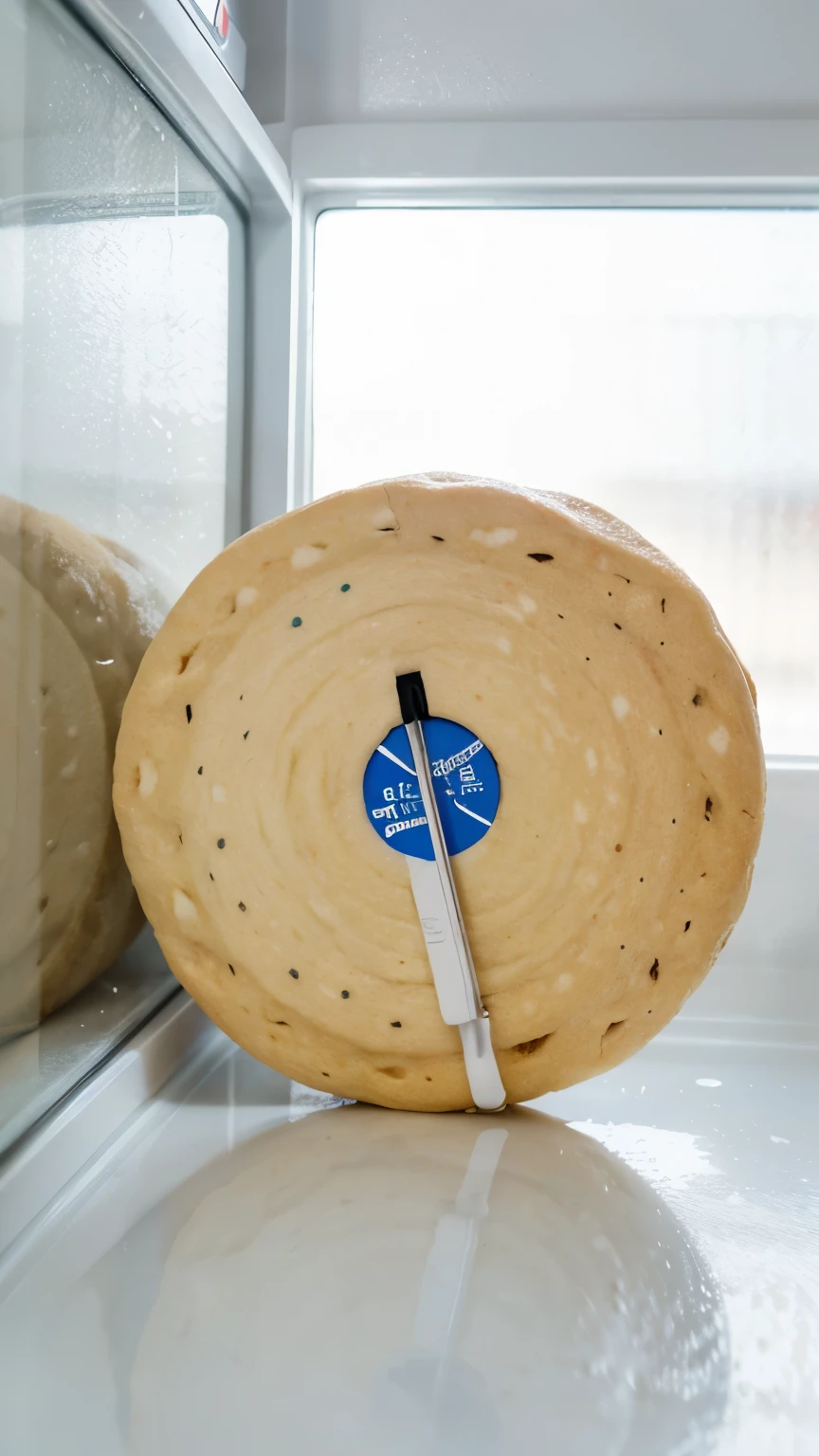dough rising in the fridge with a thermometer showing 10°C