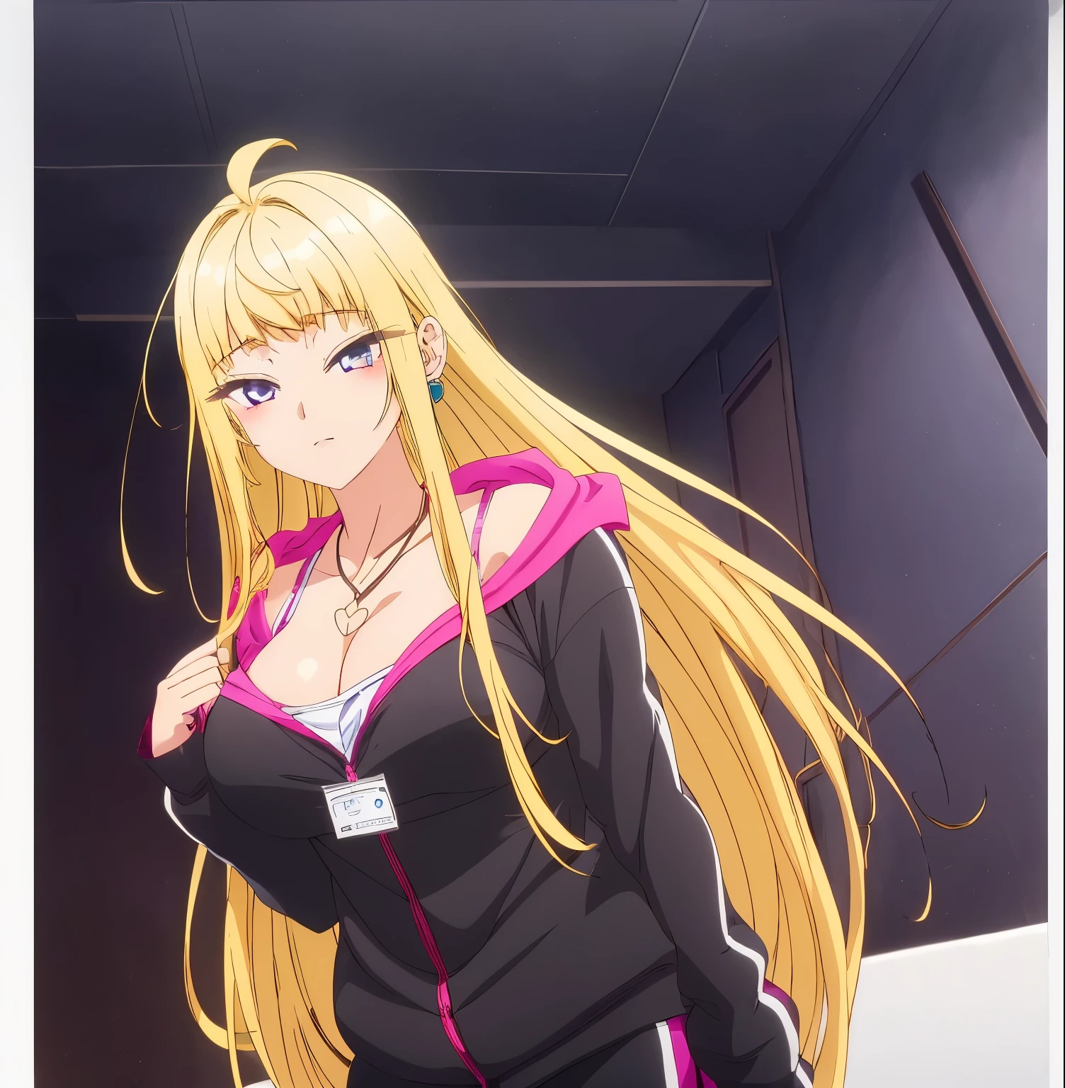 1girl, alone , minami fuyuki, long_hair, blue_eyes, bangs, blonde_hair, ahoge, 1 girl, solo, blush, large_breasts, cleavage, jewelry, collarbone, jacket, earrings, track_pants, heart_necklace, hood, black_jacket, hoodie, black_pants n looking at viewer, best_quality, highres, extremely_detailed, anime perfect detailed style, 8k, masterpiece, anime art style, anime coloring, perfect hands, perfect anatomy,purple eyes