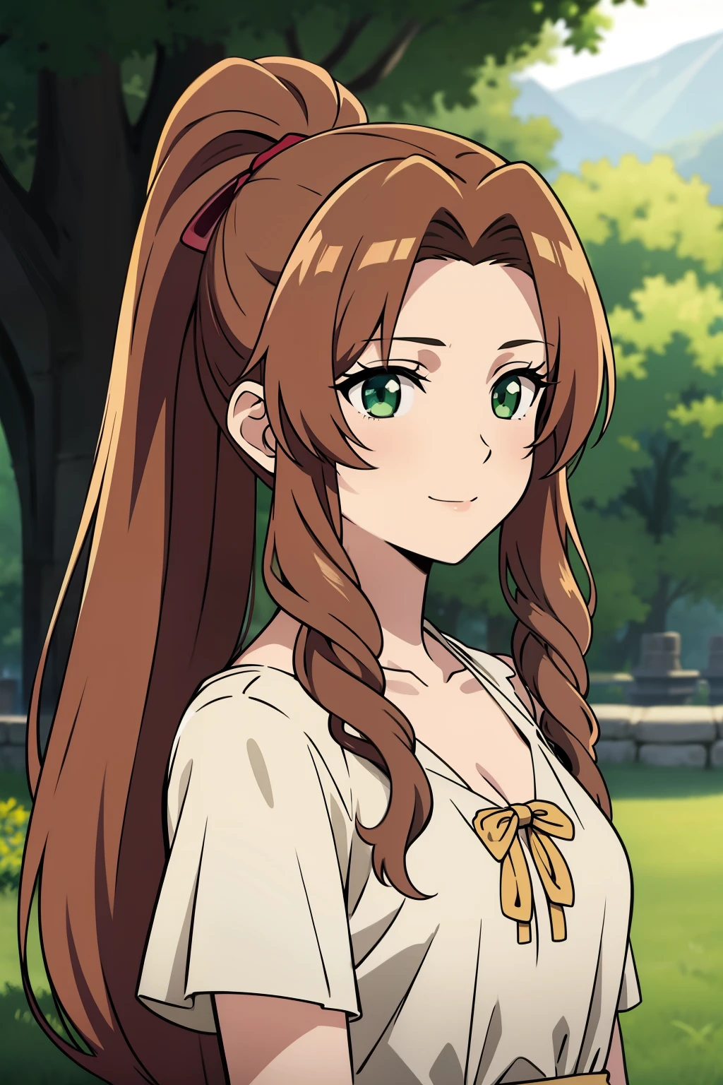 (high-quality, breathtaking),(expressive eyes, perfect face) 1girl, female, solo, young adult, brown hair, green eyes color, stylised hair, gentle smile, long length hair, loose hair, side bangs, curley hair, tied up, ribbon in hair, ponytail, ancient greek clothes, elegant , Aerith Gainsborough, long white dress, red sash
