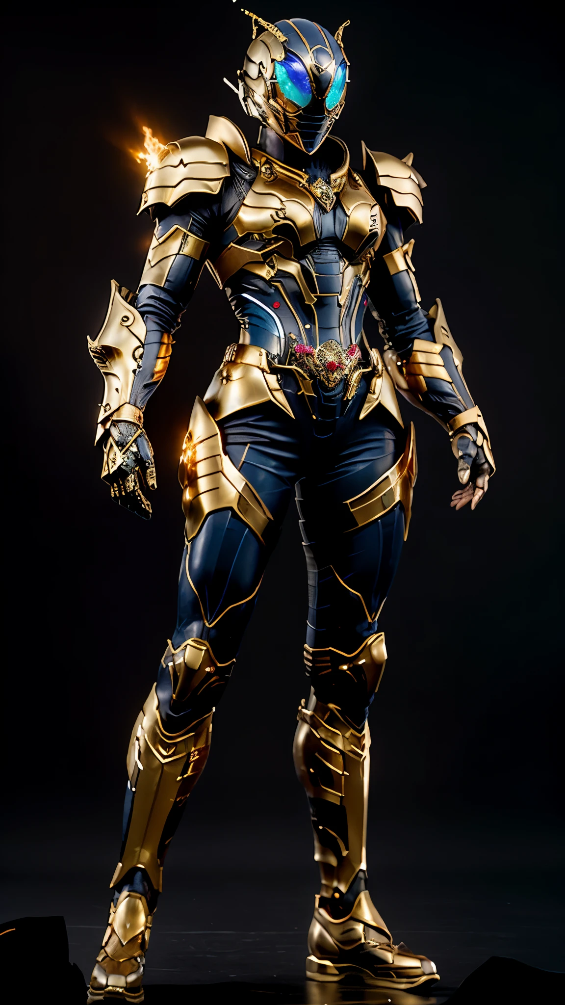 A woman adorned in fantasy-style full-body armor, a crown-concept fully enclosed helmet that unveils only her eyes, a composite layered chest plate, fully encompassing shoulder and hand guards, a lightweight waist armor, form-fitting shin guards, the overall design is heavy-duty yet flexible, ((the armor gleams with a golden glow, complemented by red and blue accents)), exhibiting a noble aura, she floats above a fantasy-surreal high-tech city, this character embodies a finely crafted fantasy-surreal style armored hero in anime style, exquisite and mature manga art style, (Queen bee mixed with Spider concept Armor, plasma, blood), ((Element, energy, elegant, goddess, femminine:1.5)), metallic, high definition, best quality, highres, ultra-detailed, ultra-fine painting, extremely delicate, professional, anatomically correct, symmetrical face, extremely detailed eyes and face, high quality eyes, creativity, RAW photo, UHD, 32k, Natural light, cinematic lighting, masterpiece-anatomy-perfect, masterpiece:1.5