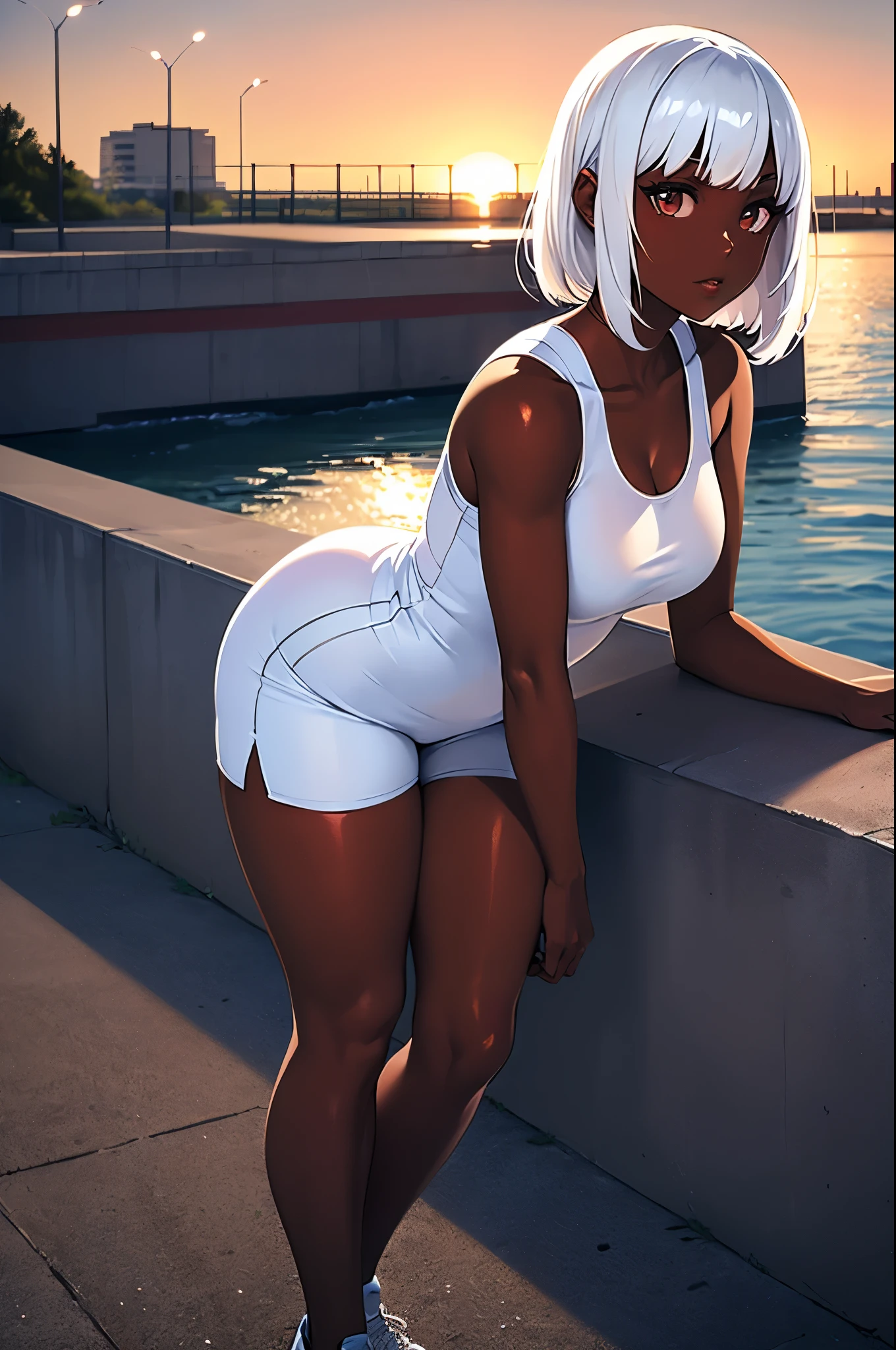 mulher negra, sexy, ((seios grandes)), ((bunda grande)), (((biquini branco exposto)), corpo detalhado, rosto detalhado, Varied positions, obra prima, (em uma casa lotada), (cabelo curto branco), olhos azuis, bunda exposta,