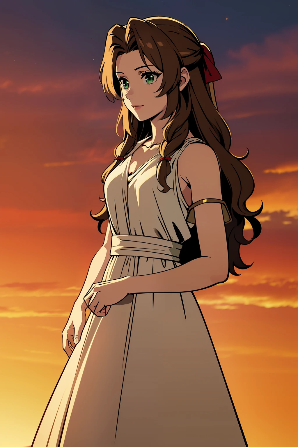 (high-quality, breathtaking),(expressive eyes, perfect face) 1girl, female, solo, young adult, brown hair, green eyes color, stylised hair, gentle smile, long length hair, loose hair, side bangs, wavy curley hair ancient greek clothes, elegant , Aerith Gainsborough, long white dress, red sash, background field, flowers in background, looking towards viewer, jewellery, hairstyle, red ribbon
