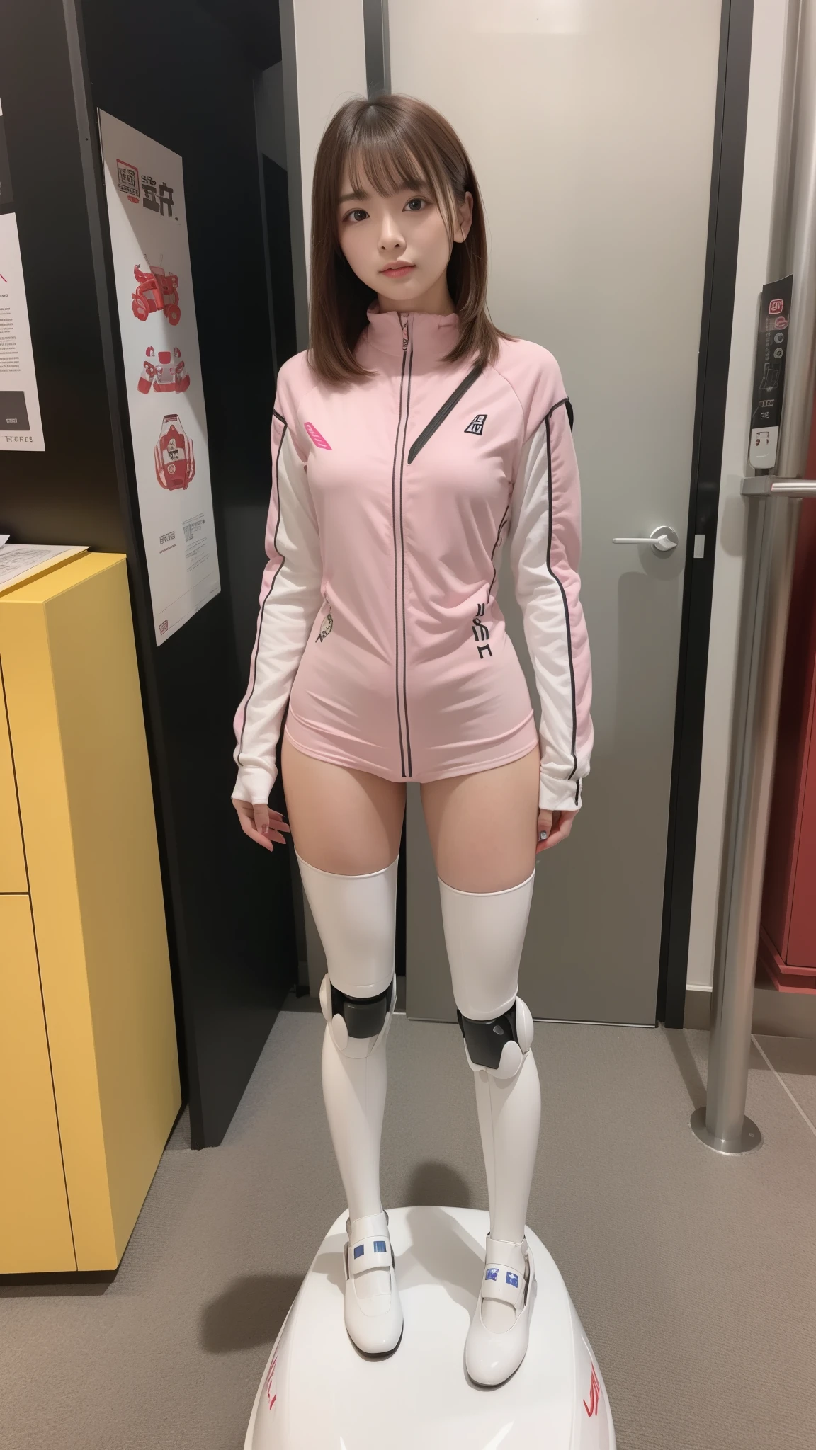 (Photorealsitic:1.4)、one robot woman、(top-quality)、(hyperdetailed face)、(Super well-formed face)、(Robot Parts)、(Female-Robot)、(25 years-old)、(White)、(pink there)、(metallic)、(full-body)、(sexy pose)、(Slender body)、(Model body type)、(full body mech)、(mechanical exposure)、(Akihabara)、(is looking at the camera)、(A brown-haired)、(Well-proportioned body)、(a small face)、(a small head)、(well-groomed fingers)、(Idol)、(front facing)、(Standing with legs open)、(Photo session)、(Looks sad)、(perfect-female-robot)、(perfect-mechanical-body)
