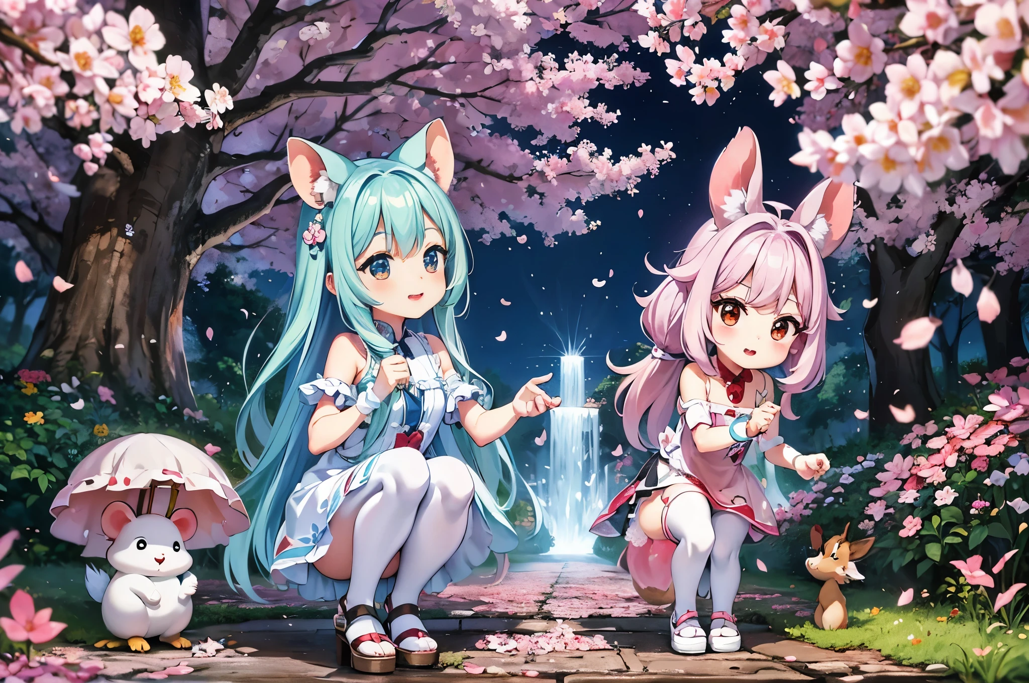 A world full of cherry blossoms、In the mysterious forest of cherry blossoms in full bloom、long white ears、I'm with a cute young girl with long blue hair.。adorable smile、It's a cute cute dress。black eyes。cute forest creatures,There are many people around the girl.、white rabbit with big ears、There are also cute mushrooms growing there.、adorable digital paintings, cute detailed digital art, the squirrel king, cute digital art, cute cartoon characters, cute characters, cute creatures, cutie, Official illustration, official art, squirrel, maplestory mouse, Astri Lawn, cute 3d rendering