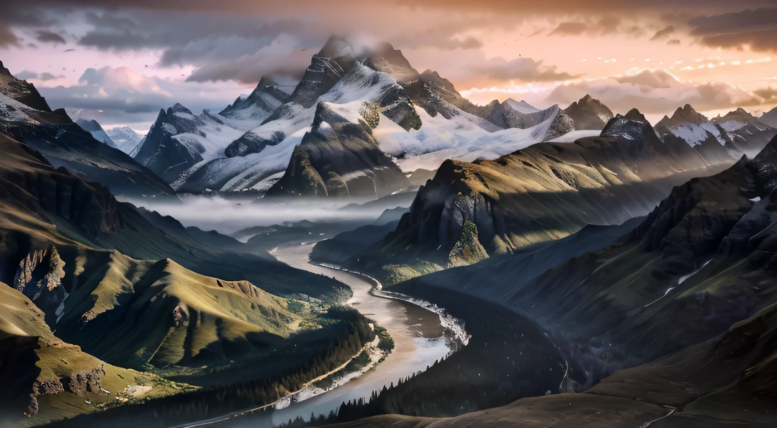 mountains with a river running through them under a cloudy sky, an amazing landscape image, marc adamus, most epic landscape, epic landscape, dreamy landscape, mountainscape, max rive, amazing landscape, a surreal dream landscape, sunset in a valley, ethereal landscape, detailed dreamscape, an epic landscape, breathtaking landscape, aenami alena