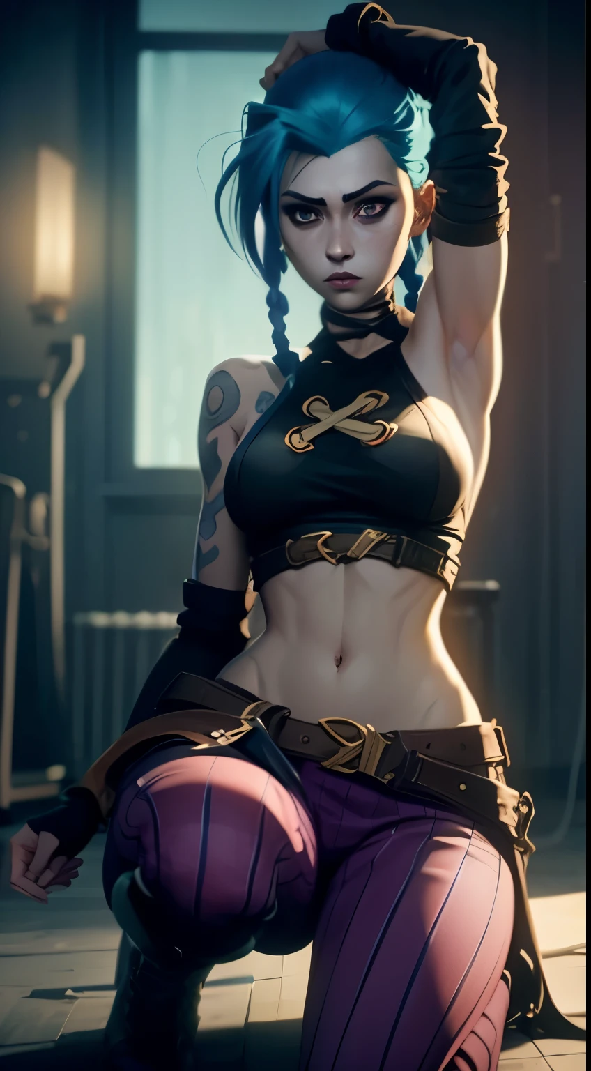 Jinx's character design, Dynamic movements, armpit showing, very detailed armpit crease, lying naked on her back, bare breast, hands over head, Swollen , butt, kitty, sexypose, Beautiful figure, Arcane's Jinx, Bright blue and purple sparks all around, glowing eyes, Pink glowing eyes, hairlong, hairsh, braided into long braids, Pigtails hang below the knee, Hair color changes from bright blue to navy blue, Dressed in brown breeches, Leather boots on the feet, Top with four gold circles on the chest in the middle of the chest, Blue cloud tattoos on shoulders and waist, Long bangs, hanging on the right side, Belt with cartridges on the belt, Arcane style, extremely detailed CG unity 8k wallpaper, detailed light, Cinematic lighting, chromatic aberration, glittering, expressionless, epic composition, dark in the background, Cherecter Desing, Very detailed, Detailed body, Vibrants, Detailed Face, sharp-focus, anime art, Vibrants, Detailed Face, Hugh Details, sharp-focus, Very drooping face, A detailed eye, super fine illustration, better shadow, finely detail, Beautiful detailed glow, Beautiful detailed, Extremely detailed, expressionless, epic composition,