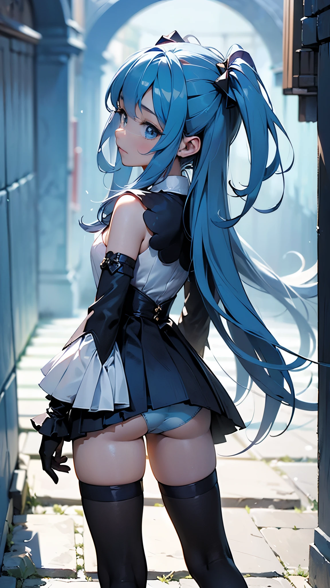 (rear view, backside view),,(La mejor calidad,A high resolution,Ultra - detallado,actual),Ariana Grande with a long-sleeved top and two-tone blue miniskirt combination/turquesa, sujetador y bragaatching pale blue lace panties, medias/pantimedias color canela oscuro/medias marrones y negras.More detailed 8K.motor irreal:1.4,hd,La mejor calidad:1.4, fotorrealista:1.4, textura de la piel:1.4, obra maestra:1.8,obra maestra, mejor calidad,objeto Objeto], (rasgos faciales detallados:1.3),(Las proporciones correctas),(Ojos hermosos azules:1.4 ),  (pose vaquero), (fondo estacion de tren:1.4), (estilo kawaii :1.4), (dedos detailed :1.4), (cara perfecta :1.4), (estilo kawaii BNK 48:1.4), (mostrando panties blue :1.4), (background alley walls big stones:1.4), (kids print panties :1.4), (perfect anatomy:1.4), (mostrando espalda:1.4 ) 