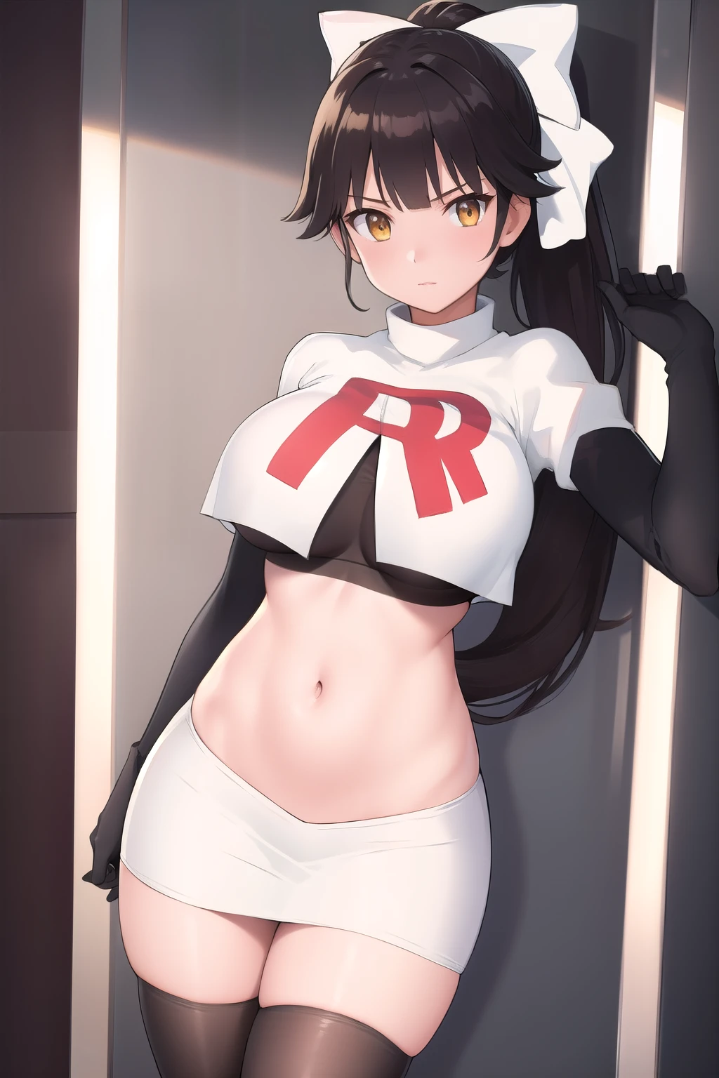 (masterpiece, best quality:1.2),illustration,8k,hd,1girl,solo,black_hair,ponytail,bow,hair_bow,large_breasts,white_bow,very_long_hair,bangs,hair_flaps,brown_eyes,yellow_eyes,katana,team rocket,team rocket uniform,white skirt,red letter R,crop top,black thigh-highs,black elbow gloves