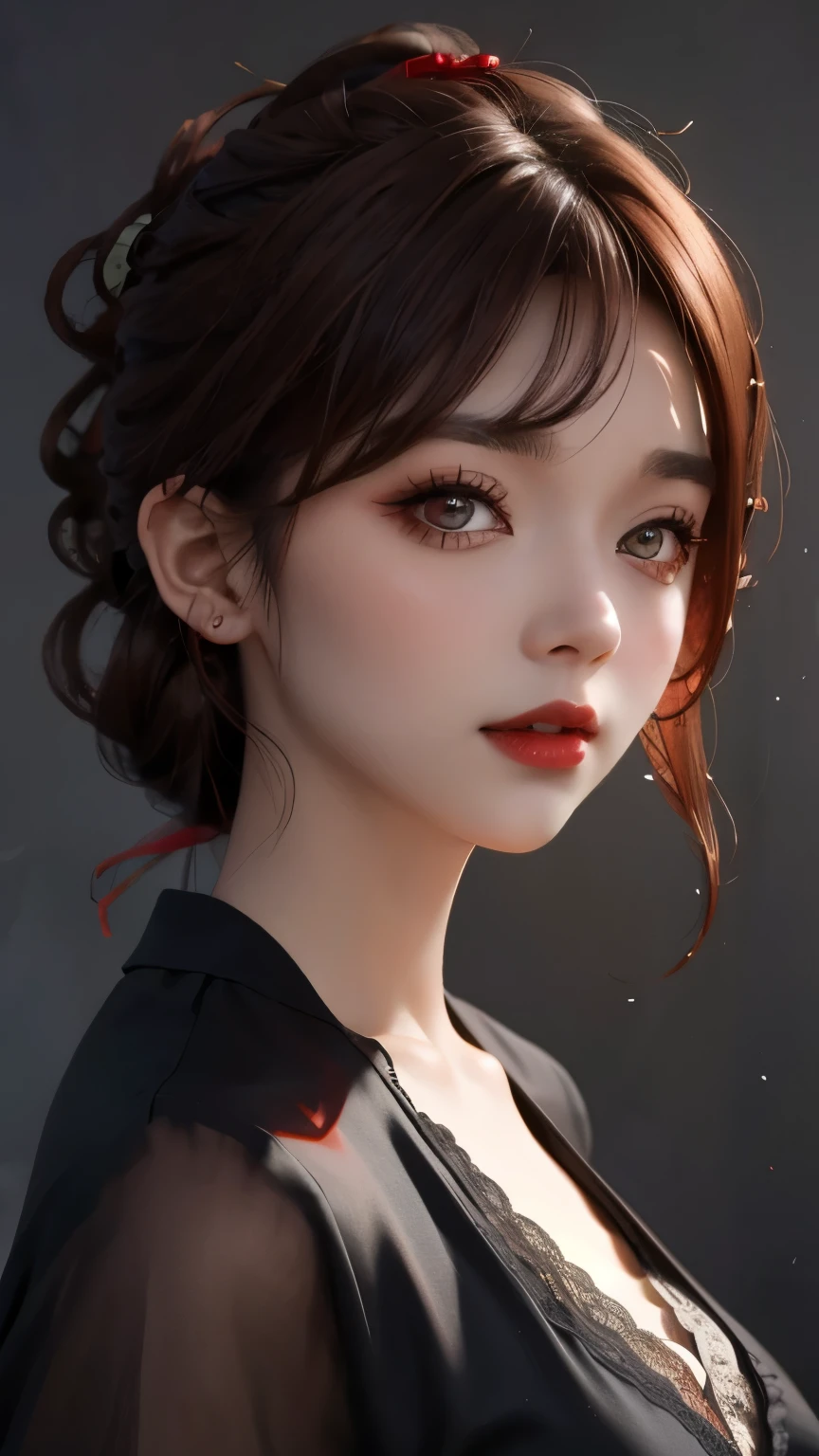 Reddish-brown hair,Long curly hair,ponytail,high ponytail hairstyle,red headdress,red eyes,red eyes,red pupils,Sparkling eyes,black lace top,translucent top