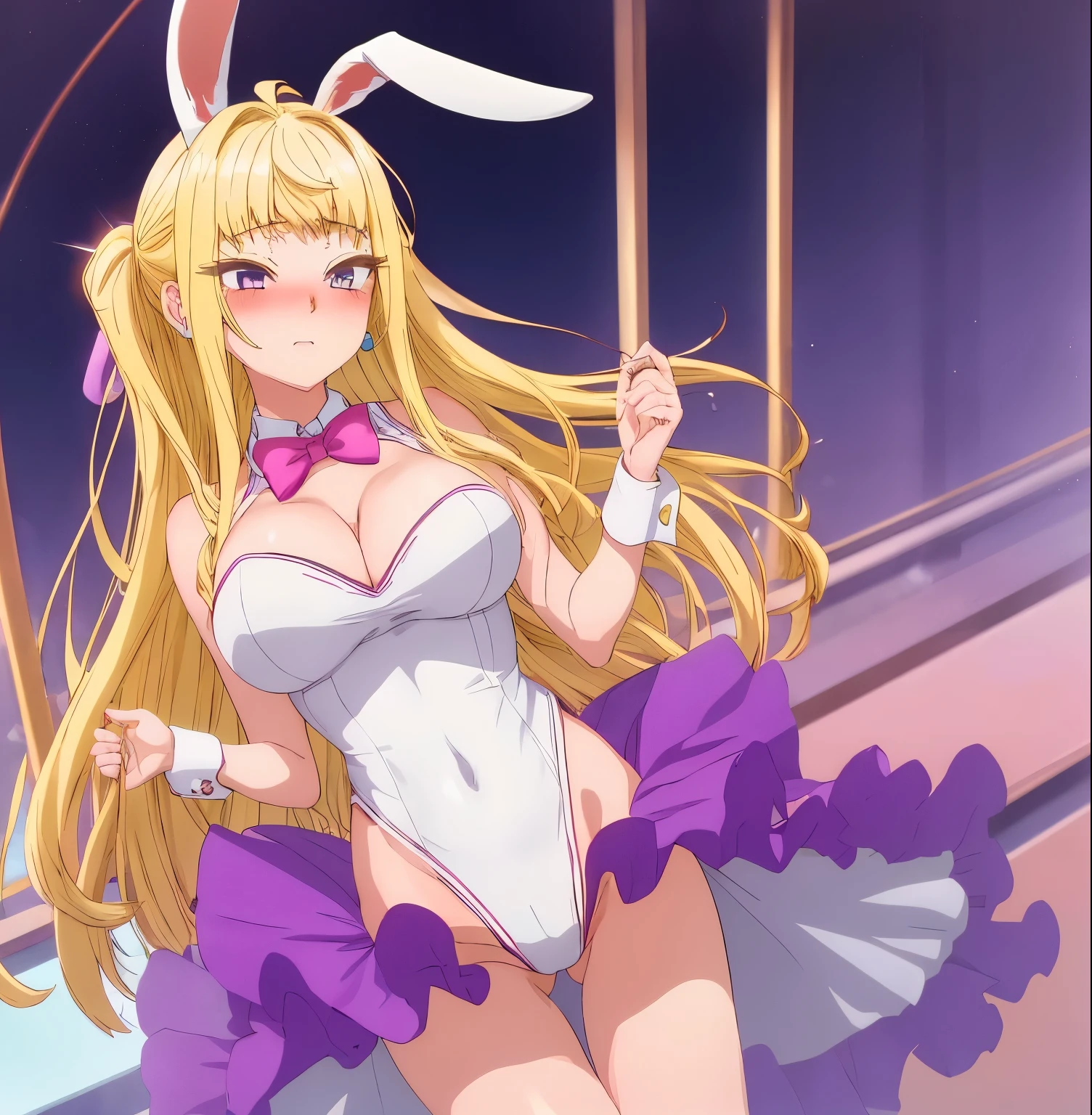 1girl, alone, minami fuyuki,masterpiece,best quality,highres,ultra-detailed,bbminami,long hair,large ,(rabbit ears:1.2),playboy bunny,casino,holding tray,embarrassed,blush,standing,large breasts, medium waist, wide hips, wide thighs, long blonde hair, violet eyes, earrings in the ears, excellent anatomy, excellent hands