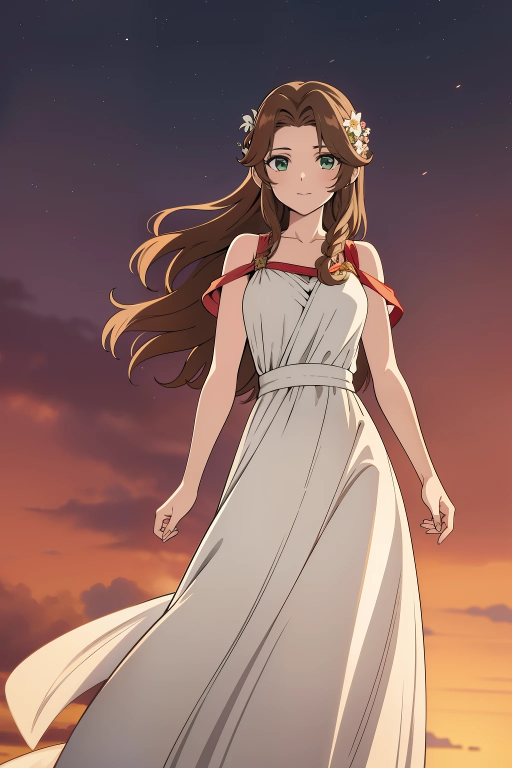 (high-quality, breathtaking),(expressive eyes, perfect face) 1girl, female, solo, young adult, brown hair, green eyes color, stylised hair, gentle smile, long length hair, loose hair, side bangs, wavy curley hair ancient greek clothes, elegant , Aerith Gainsborough, long white dress, red sash, background field, flowers in background, looking towards viewer, jewellery, hairstyle, red ribbon
