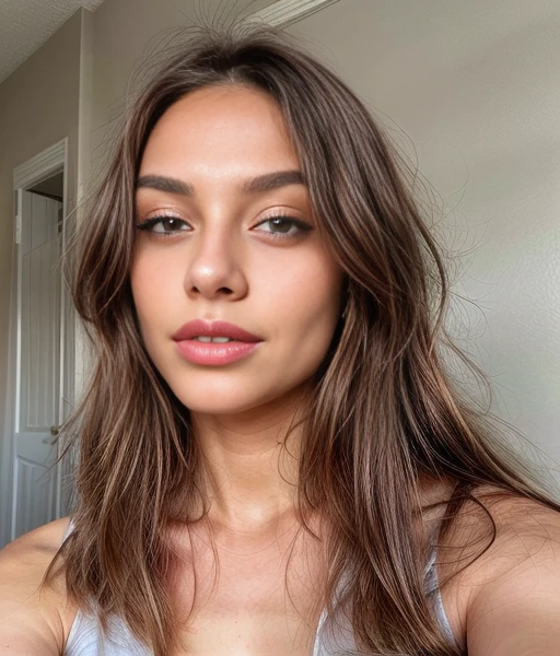 A beautiful white young woman, dark and straight hair, light brown colored eyes, her lips should be full and inviting with a natural rosy tint, Instagram Photo (textured skin, skin pores:1.1), (moles:0.8), imperfect skin, perfect face. full body shot