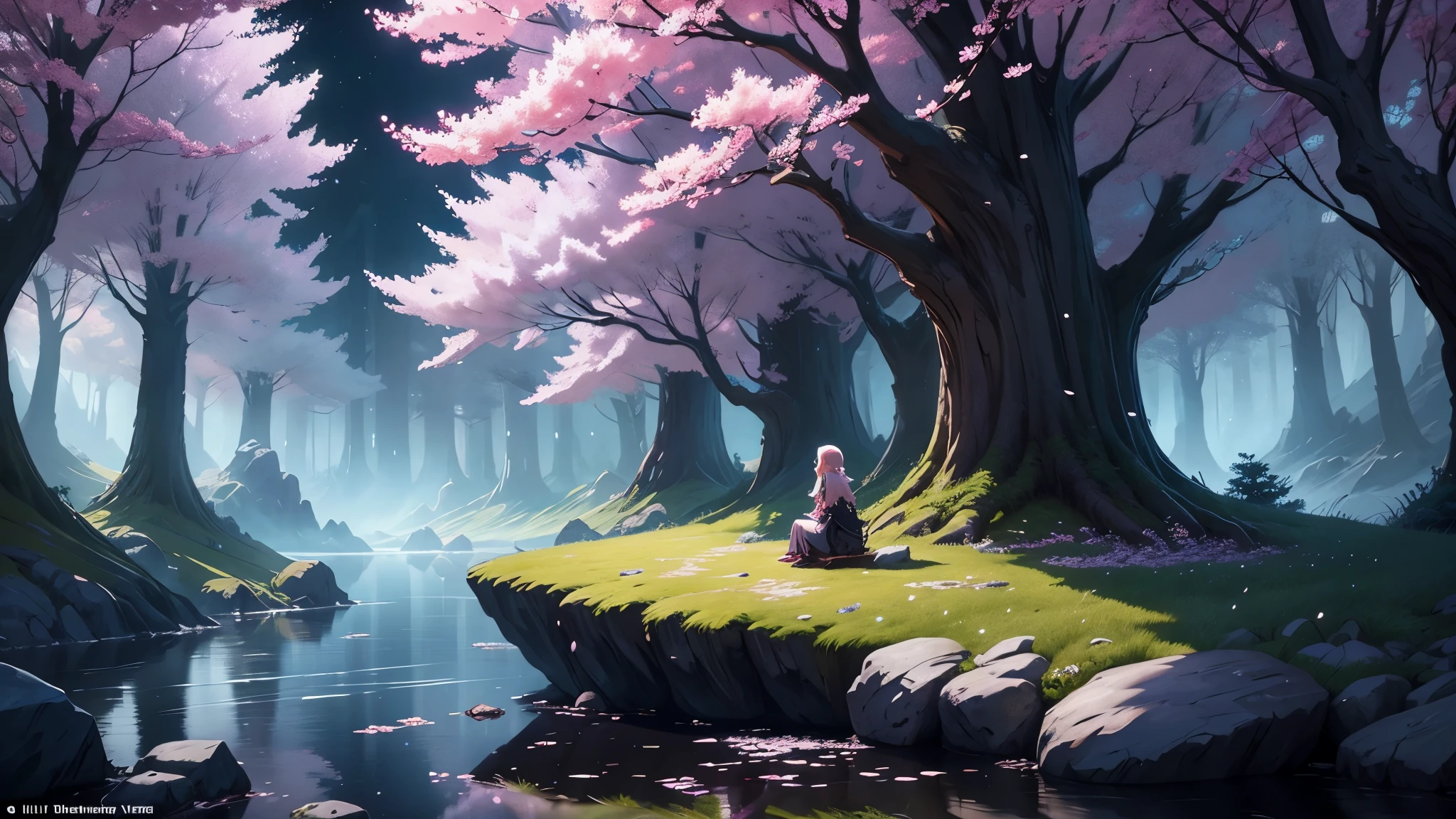 Moonlit night, Anime girl sitting on a rock in the forest with cherry blossom trees, Drawn at Anime Painter Studio, fantasy art style, relaxing concept art, 2. 5d cgi anime fantasy artwork, Los Tran. scenic background, fantasy digital painting, digital 2d fantasy art, Created at Anime Artist Studio, Lose yourself in a dream-like fairytale landscape, beautiful anime scene, background artwork, background art