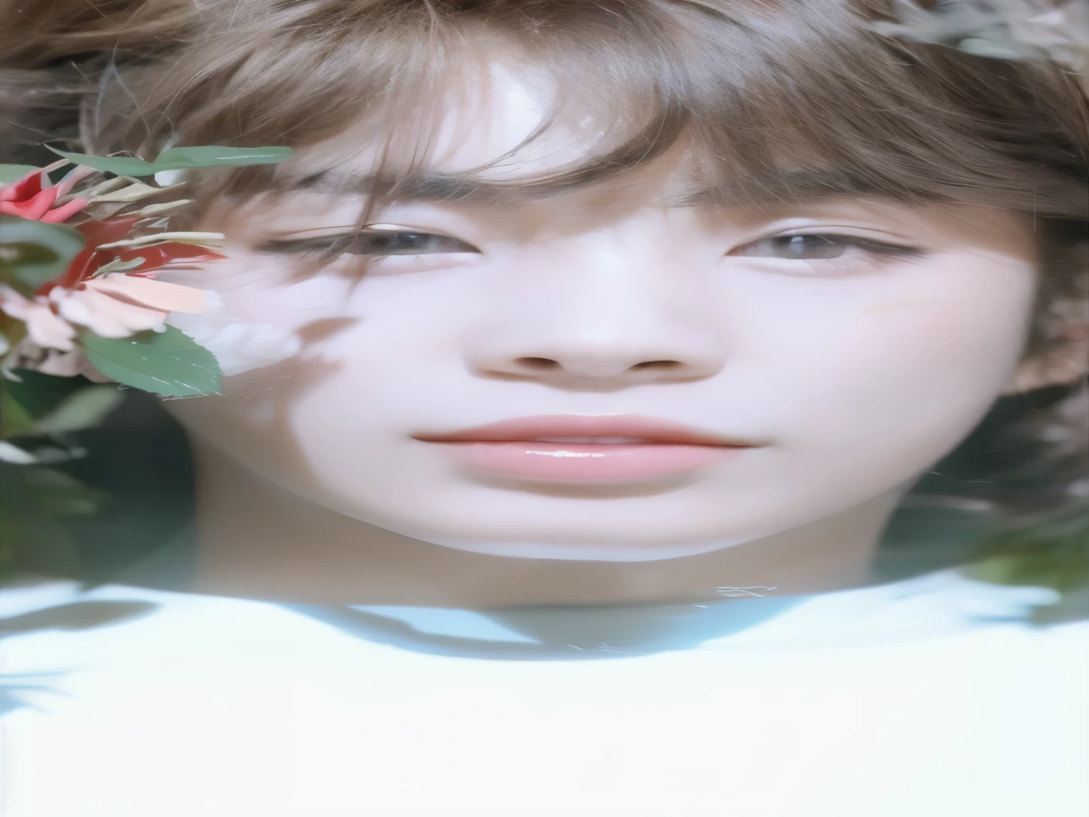 Hay un hombre con una flor en el pelo, cai xukun, jinyoung shin, aesthetic jinyoung pimple, inspirado en Yanjun Cheng, Inspirado por Bian Shoumin, kim taejin, yanjun chengt, kim doyoung, brillante por la lluvia, inspirado en jeonseok lee, hyung tae, sus ojos brillan de color amarillo, el principe de las flores, piel blanca y ojos reflectantes