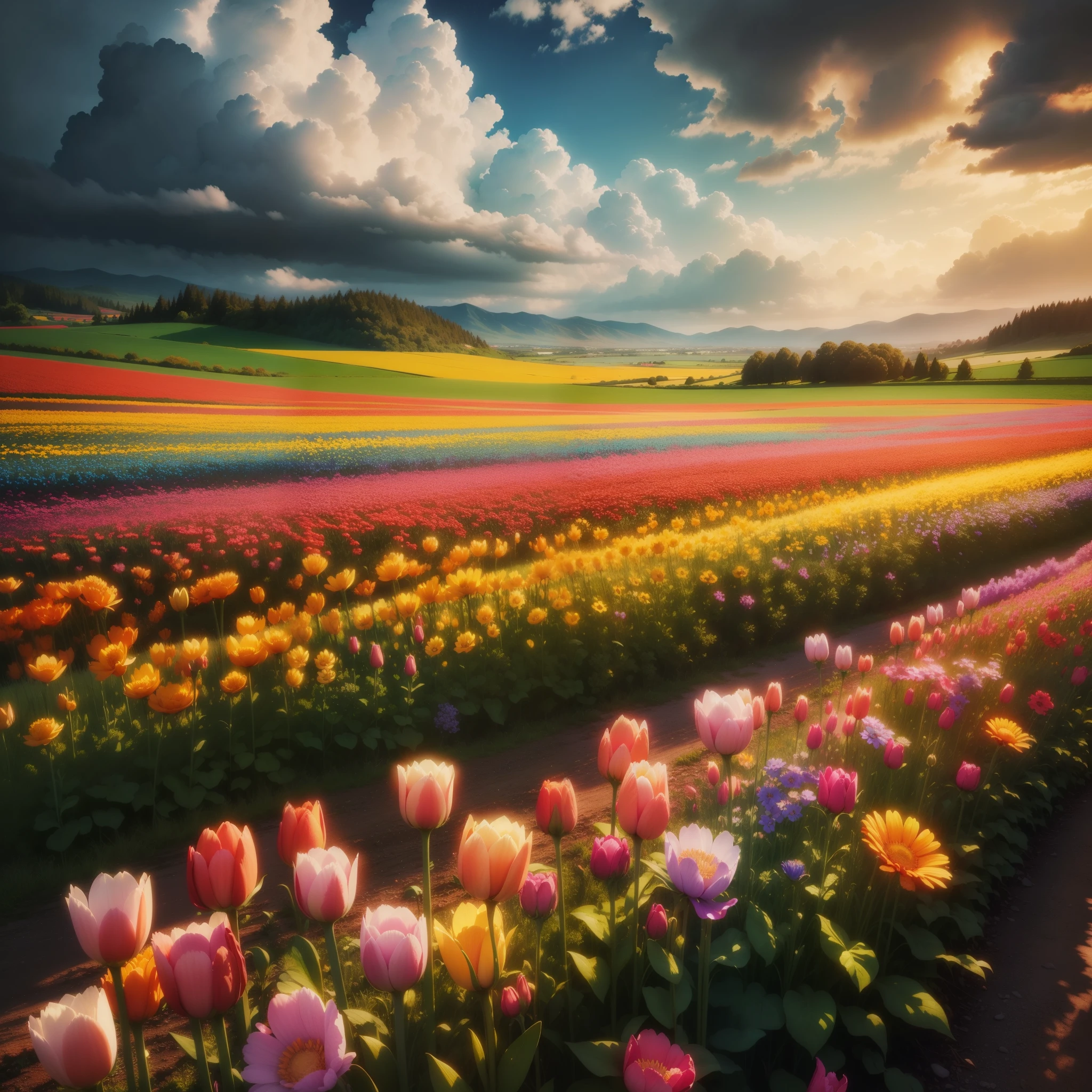 a close up of a field of flowers with a sky in the background, extraordinary colorful landscape, breathtaking colors, fields of flowers, flower field, flower fields, magical colorful flowers, a beautiful landscape, field of fantasy flowers, breathtaking landscape, rich picturesque colors, field of flowers, colorful hd picure, beautiful and colorful, breathtaking composition, beautiful colorful