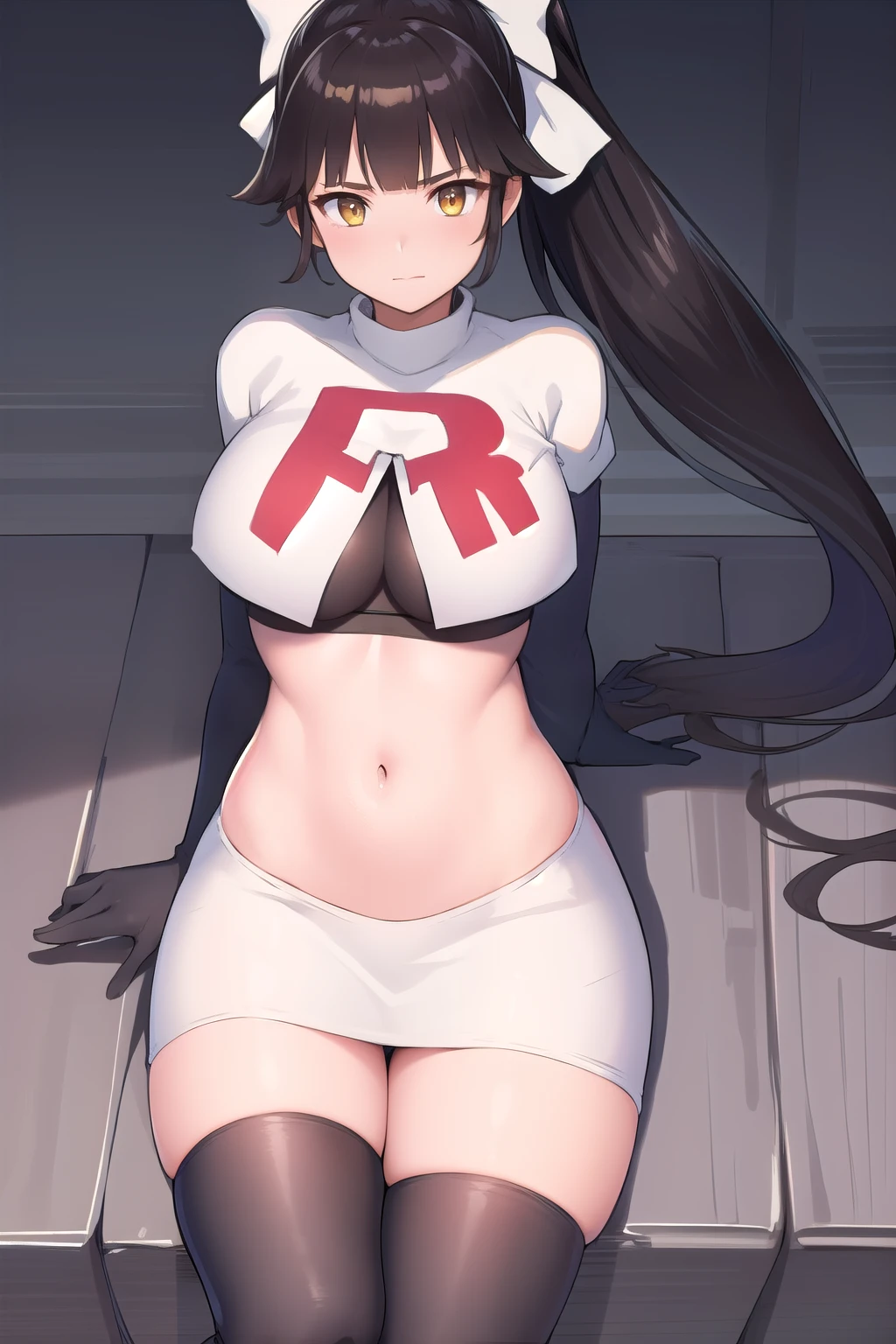 (masterpiece, best quality:1.2),illustration,8k,hd,1girl,solo,black_hair,ponytail,bow,hair_bow,large_breasts,white_bow,very_long_hair,bangs,hair_flaps,brown_eyes,yellow_eyes,katana,team rocket,team rocket uniform,white skirt,red letter R,crop top,black thigh-highs,black elbow gloves