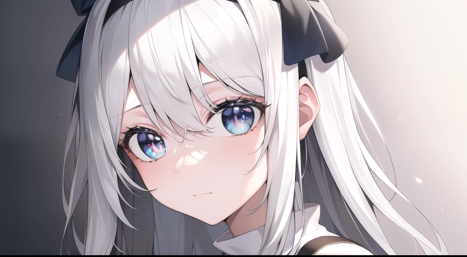 ((masterpiece, best quality))++, Detail lights+,  detail hair+, Detail hand+ ,1 girl, Honey, long gray hair,   dark blue eyes,  beautiful eyes, Young gray hair,,(beautiful white hair:1.5),(beautiful eyes),    high resolution+,   black stockings  ， a white pajamas, Glass tones, Reflective eyeanyery detail wallpaper, original, ,Headband，
