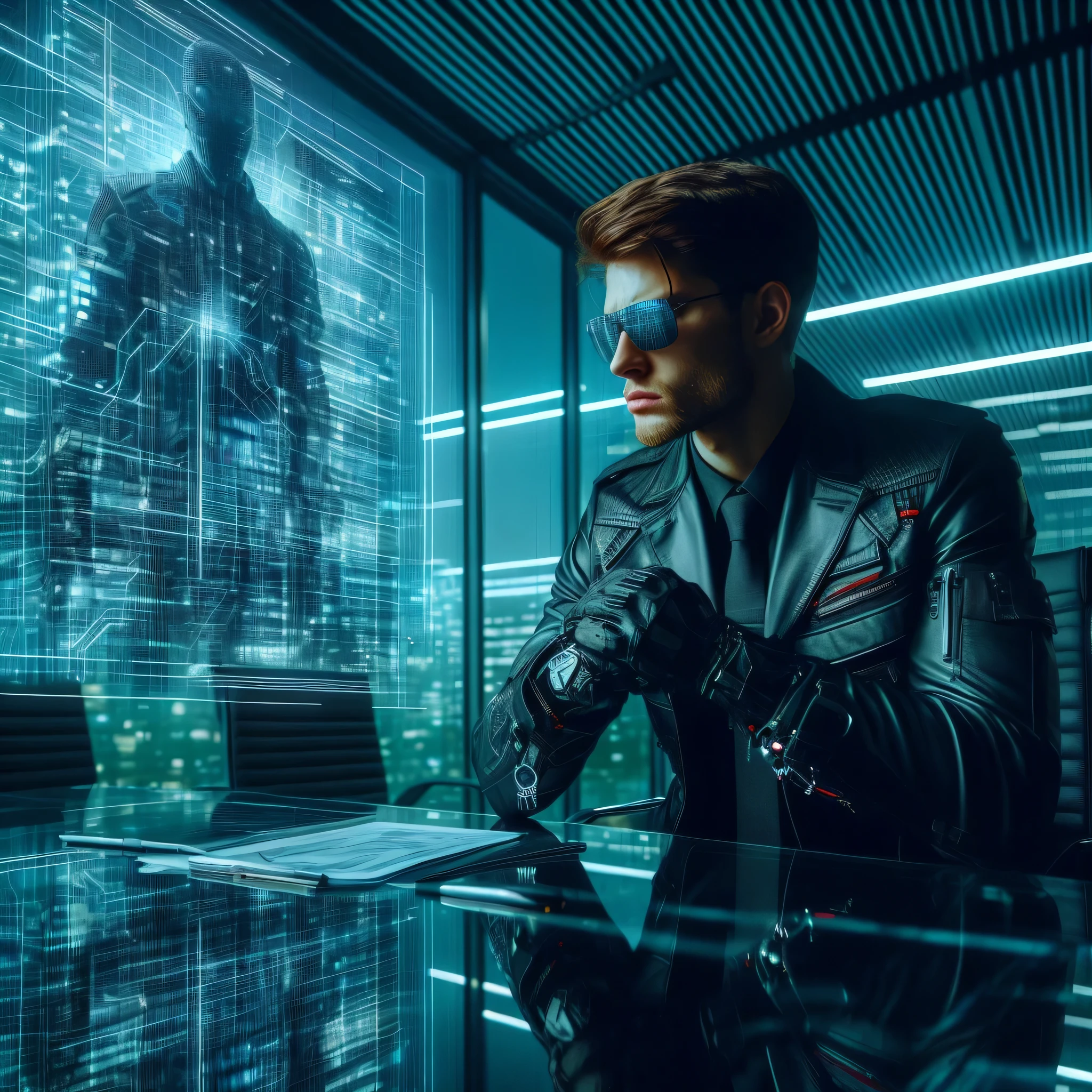 arafed man in a futuristic suit sitting at a table with a laptop, cyborg in the data center, cyber style, cyberpunk hacker, cyber suit, in cyberpunk style, cyberpunk photo, in a cyberpunk setting, modern cyberpunk, futuristic cyberpunk scenario, cyberpunk transhumanist, cyber noir, has cyberpunk style, futuristic spy, portrait of a cyberpunk man