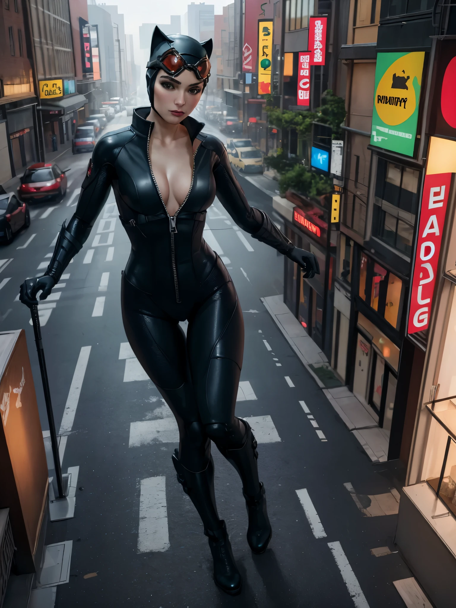 (masterpiece, best quality:1.2), giantess, catwoman, 1girl, solo, looking at viewer, bodysuit, goggles on headwear, helmet, cat ears, cleavage, tight, walking in city
