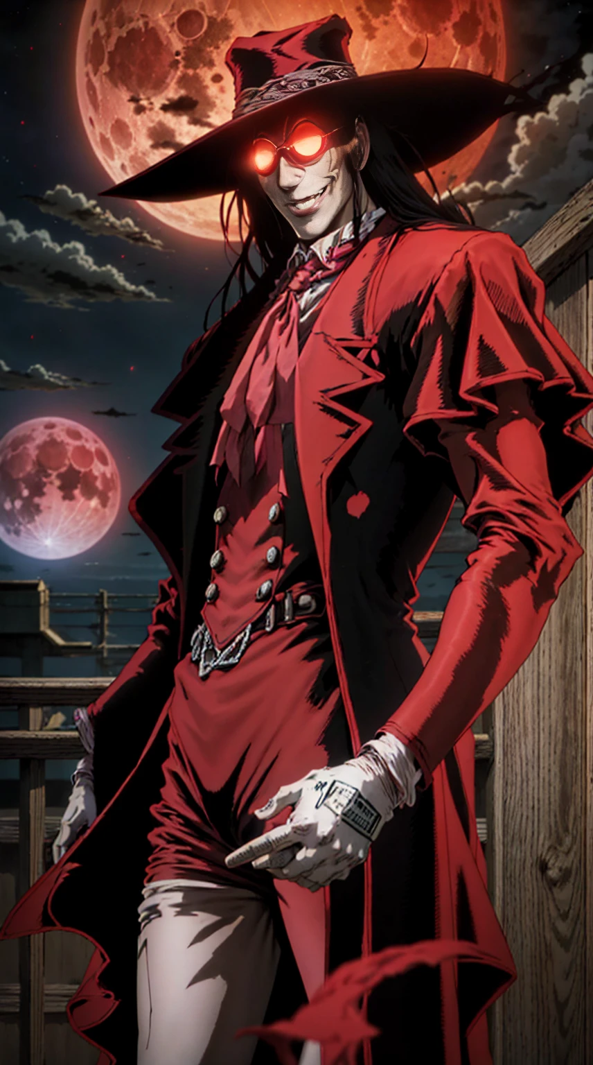 Hellsing, personagem Alucard, (man) Standing character,  sobretudo vermelho, red glass, paisagem de noite, red moon on the background, black hair