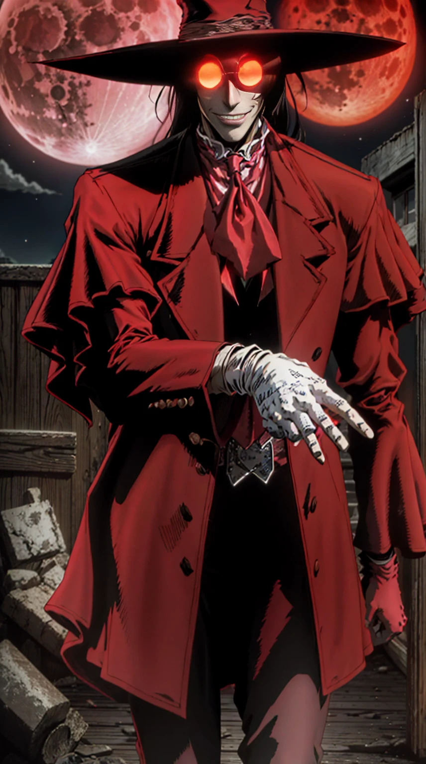 Hellsing, personagem Alucard, (man) Standing character,  sobretudo vermelho, red glass, paisagem de noite, red moon on the background, black hair, dinamic poses