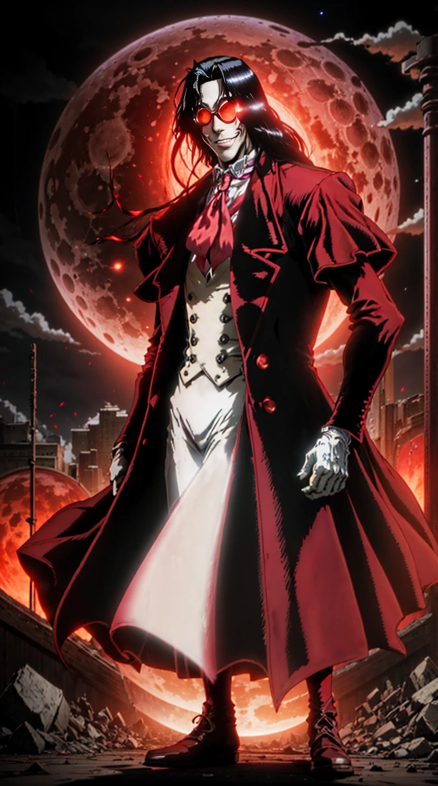 Hellsing, personagem Alucard, (man) Standing character,  sobretudo vermelho, red glass, paisagem de noite, red moon on the background, black hair