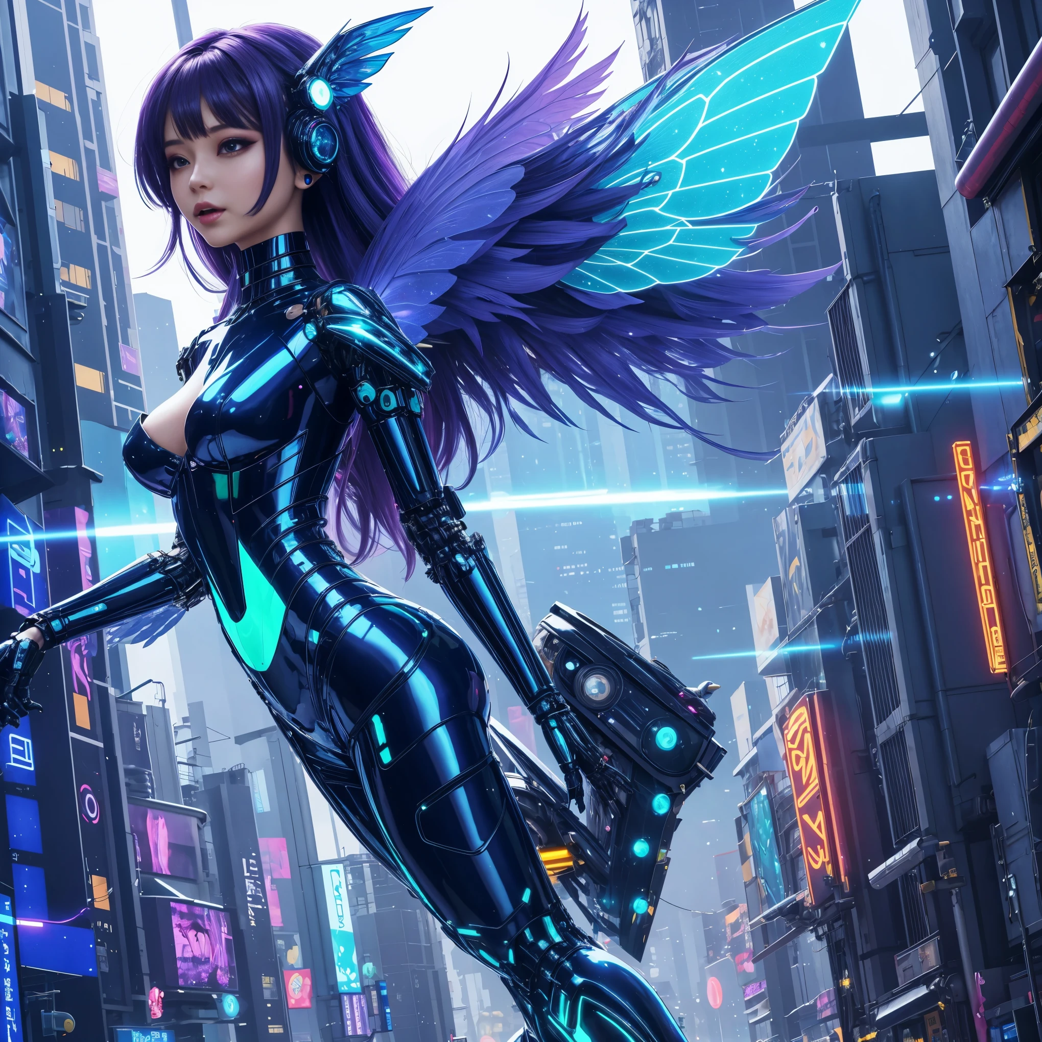 a beautiful cyber fairy, medium hair, beautiful body, shiny wings, wearing a futuristic cyber dress in a futuristic city